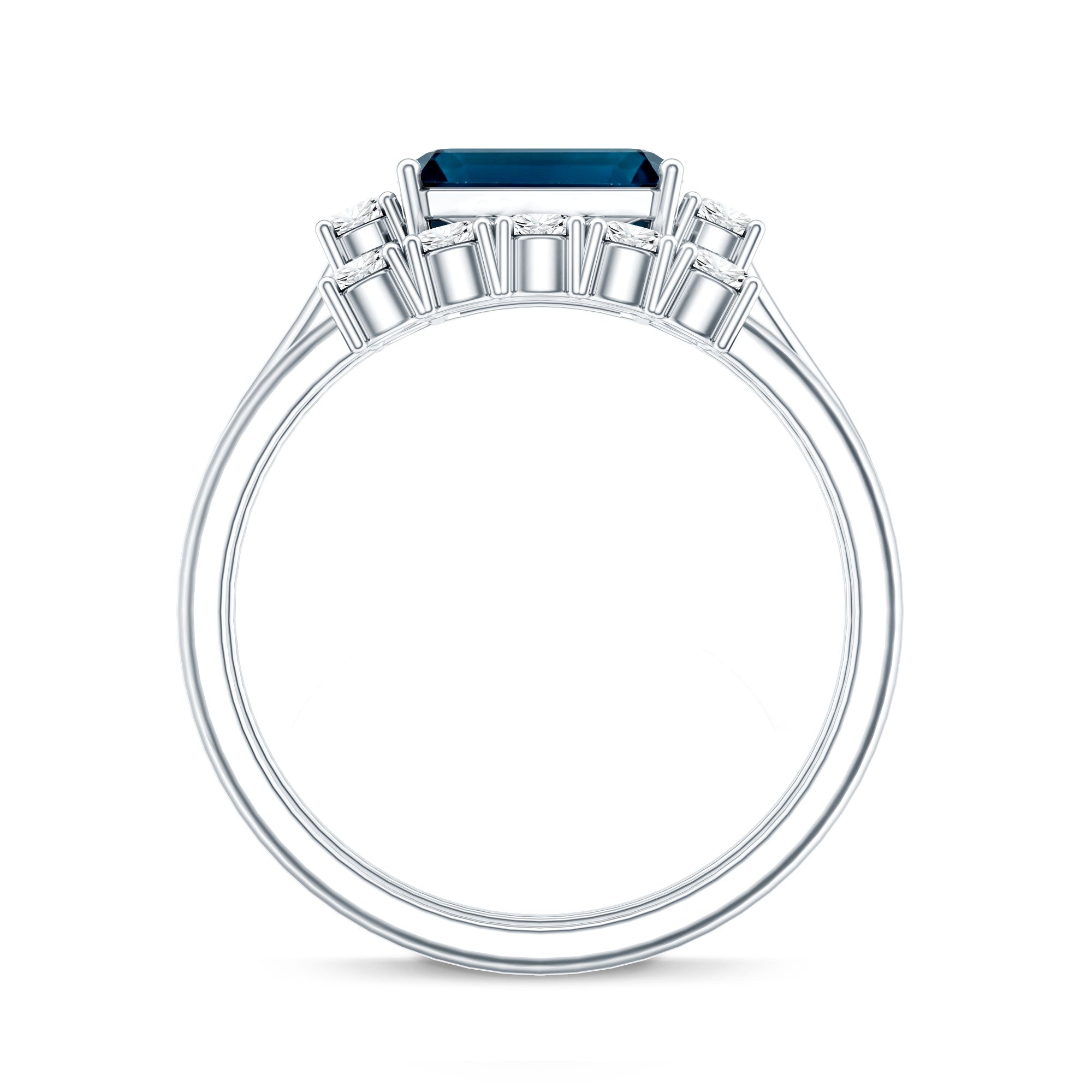 Genuine Emerald Cut London Blue Topaz Engagement Ring with Diamond Wedding Band AAA - Rosec Jewels