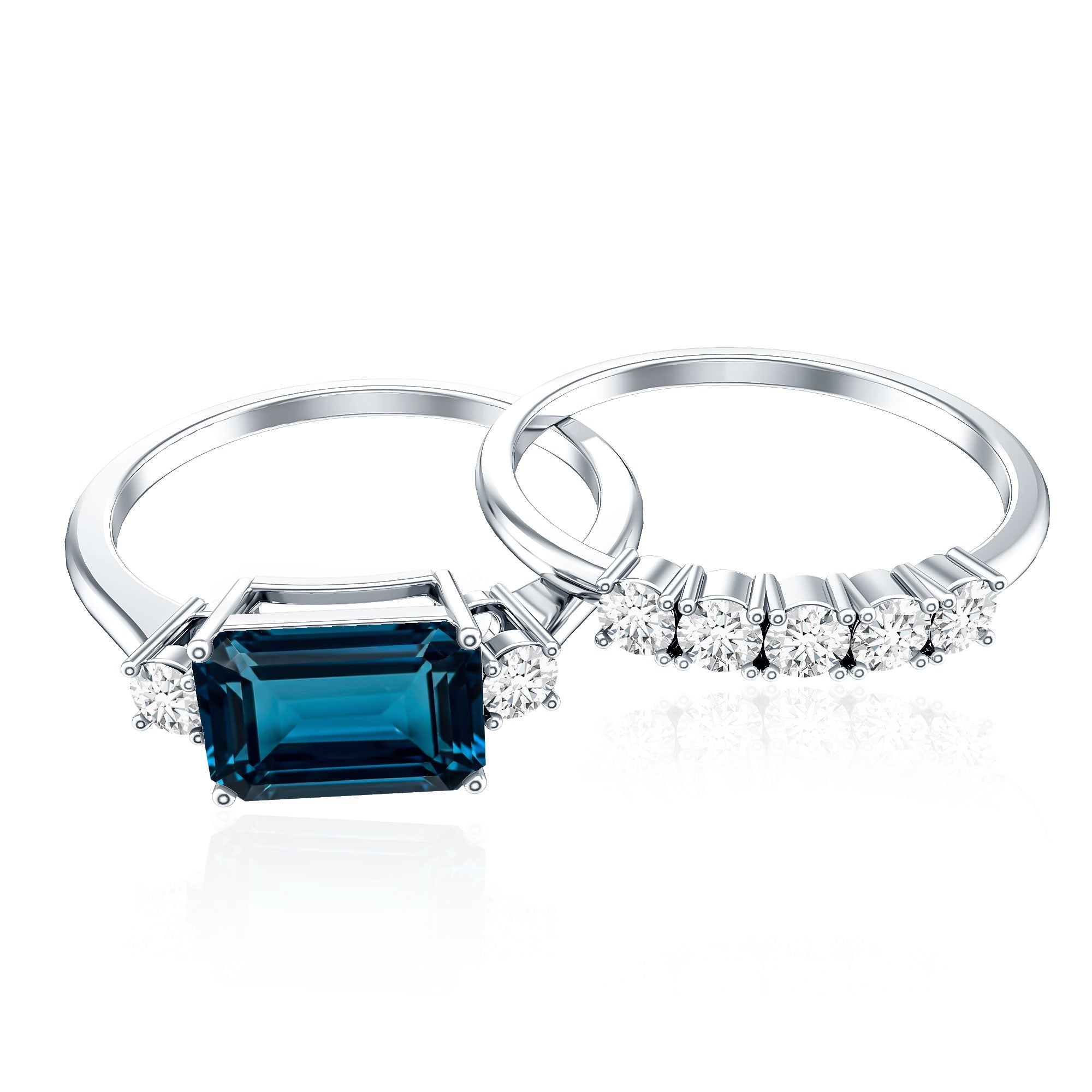 Genuine Emerald Cut London Blue Topaz Engagement Ring with Diamond Wedding Band AAA - Rosec Jewels