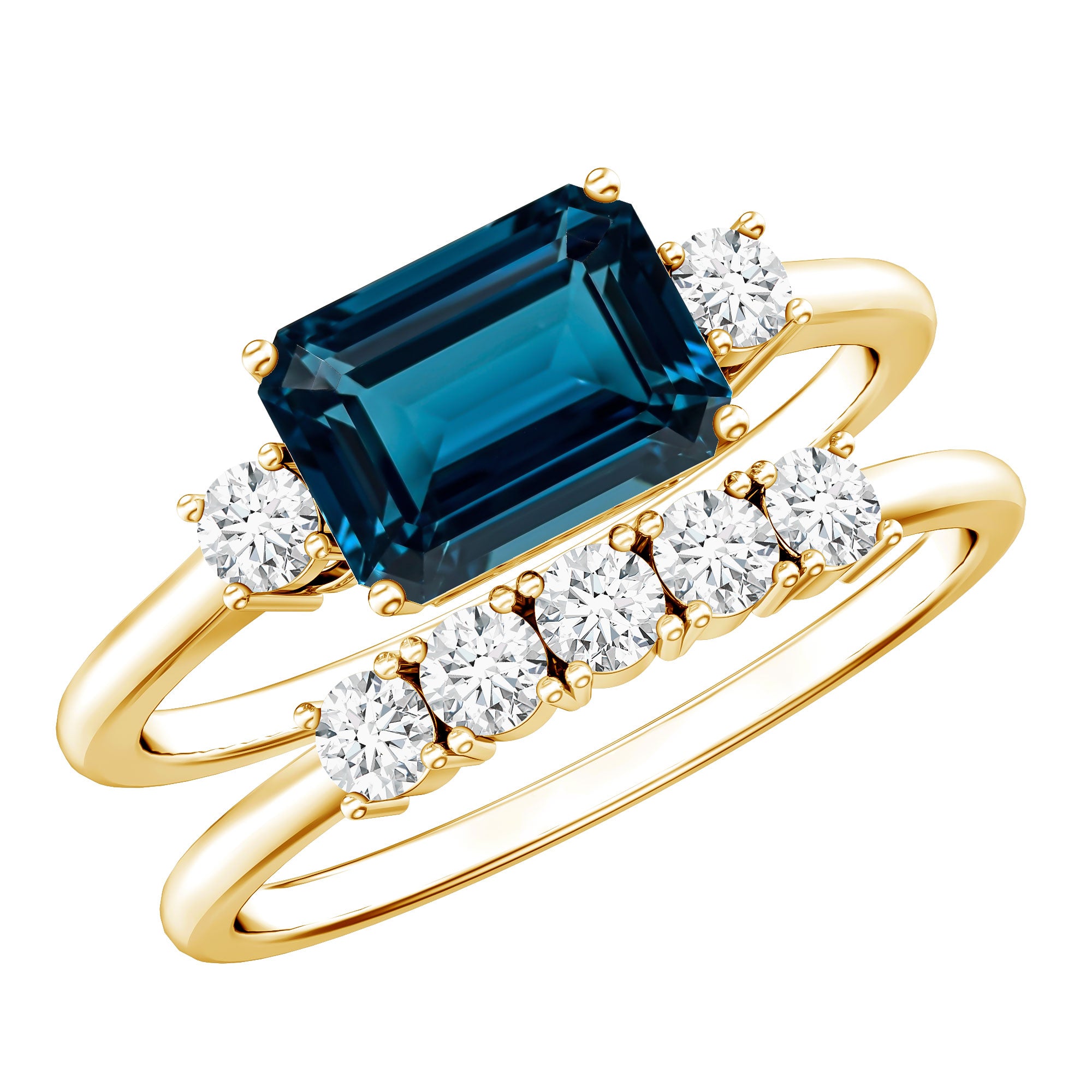 Genuine Emerald Cut London Blue Topaz Engagement Ring with Diamond Wedding Band AAA - Rosec Jewels