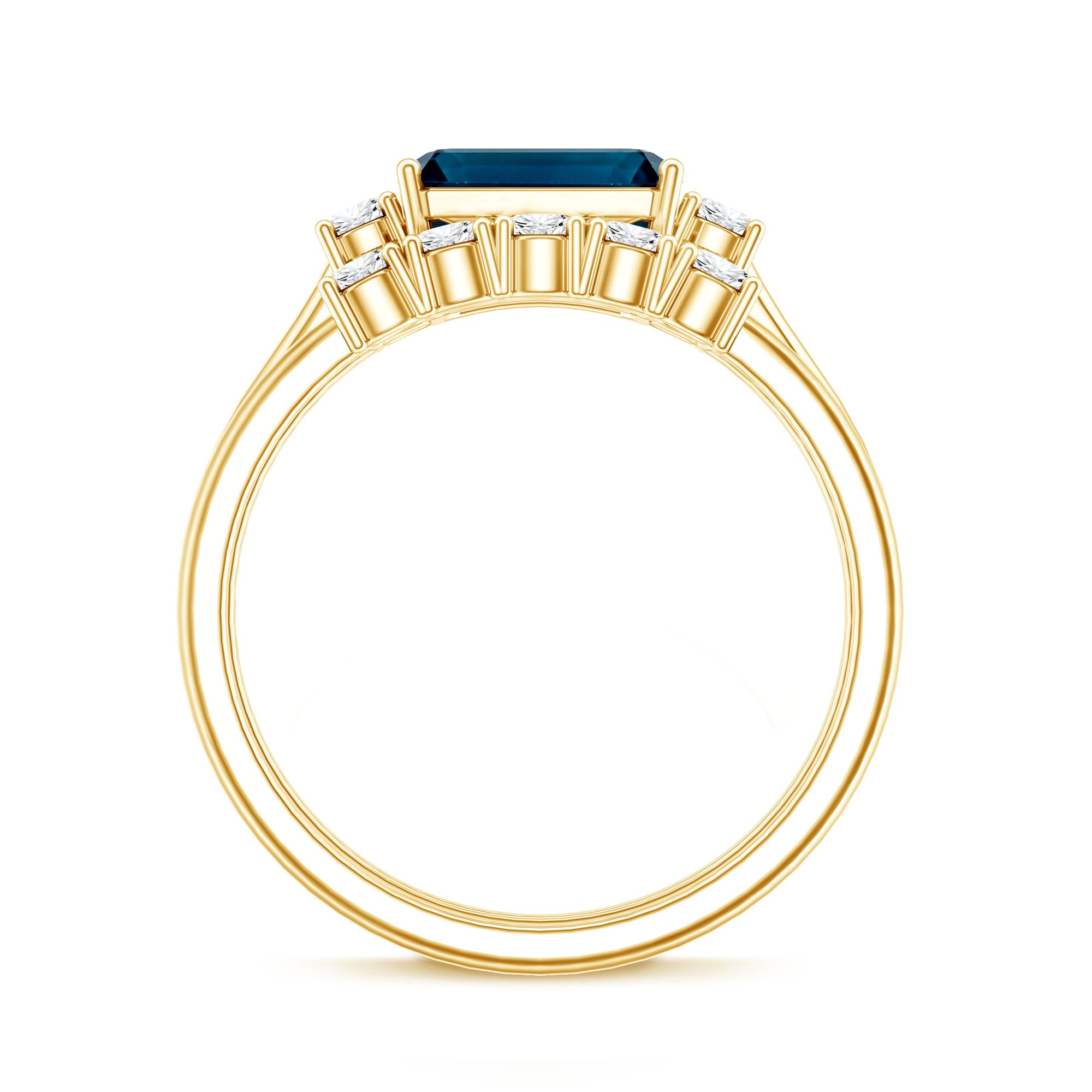 Genuine Emerald Cut London Blue Topaz Engagement Ring with Diamond Wedding Band AAA - Rosec Jewels