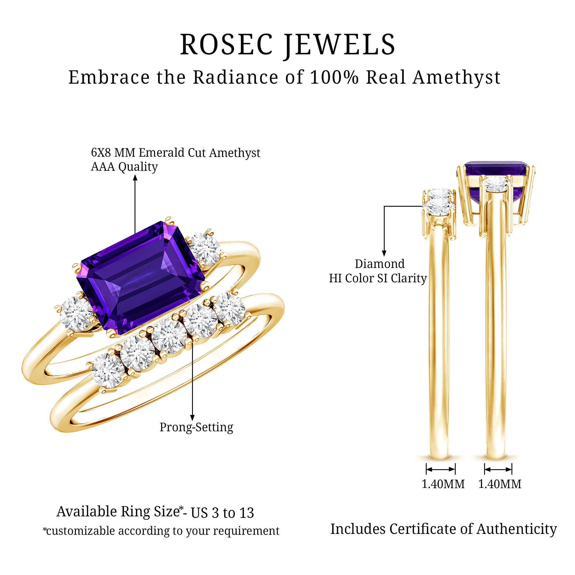 Octagon Cut Amethyst Contemporary Wedding Ring Set with Diamond AAA - Rosec Jewels