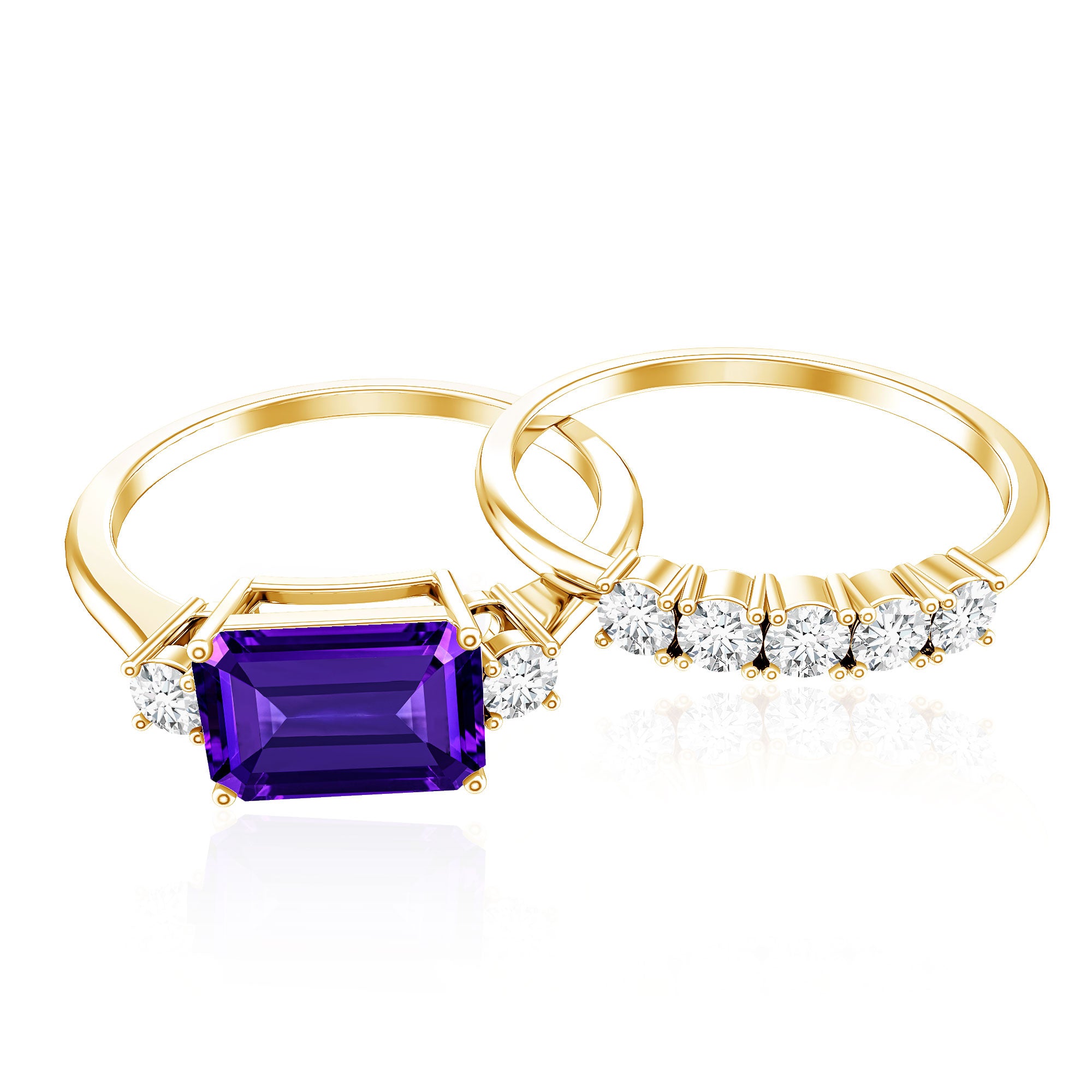 Octagon Cut Amethyst Contemporary Wedding Ring Set with Diamond AAA - Rosec Jewels