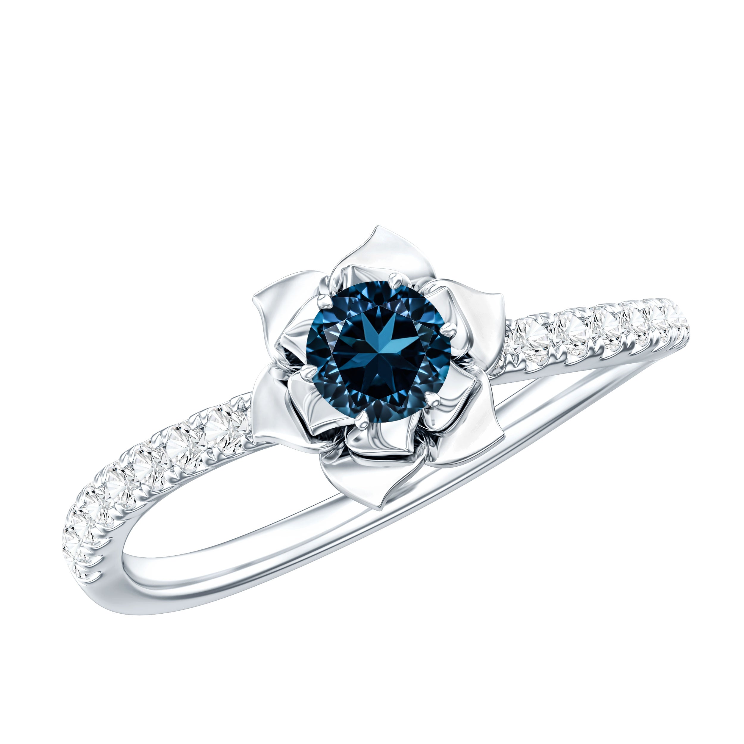0.6 Carat Round London Blue Topaz Floral Engagement Ring with Diamond AAA - Rosec Jewels