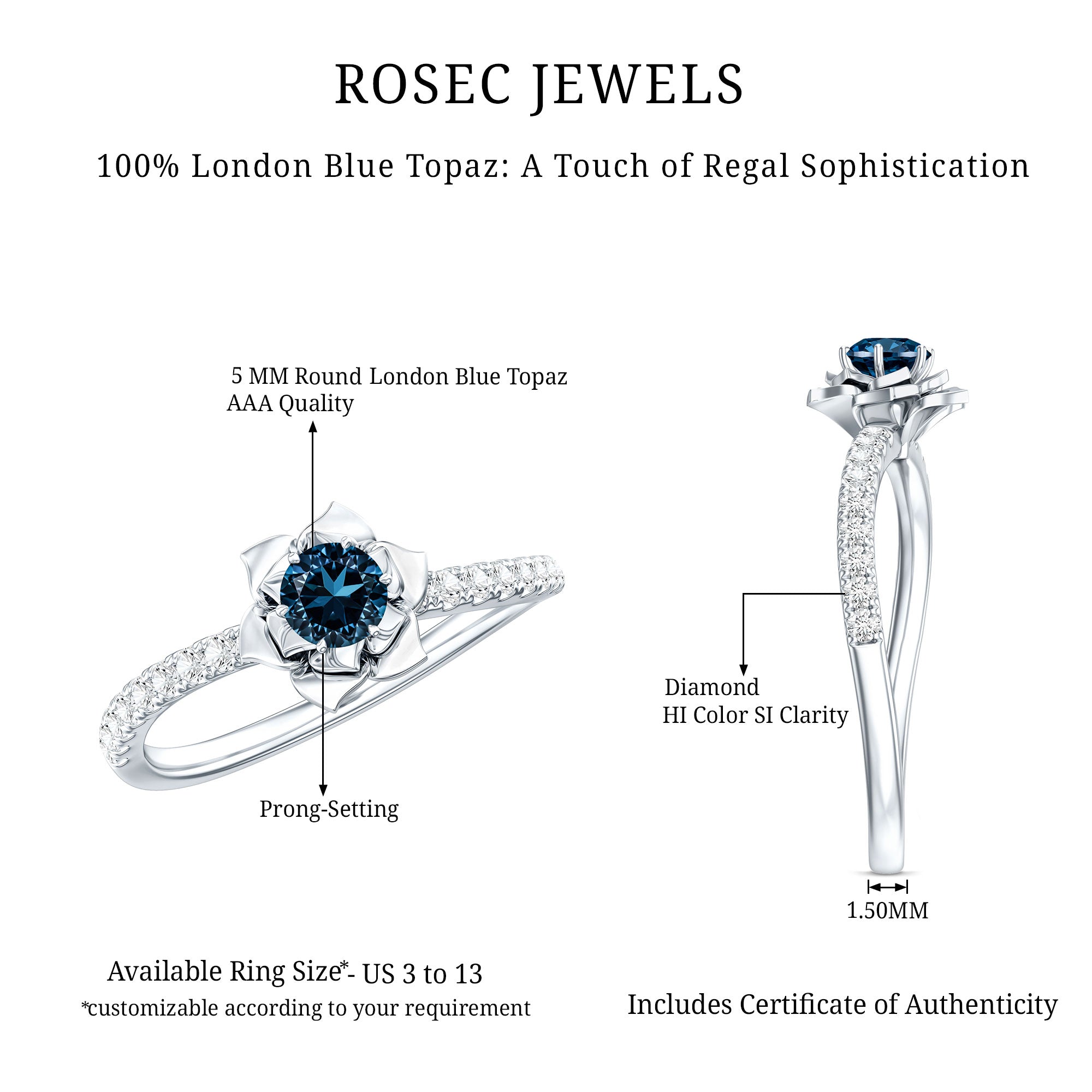 0.6 Carat Round London Blue Topaz Floral Engagement Ring with Diamond AAA - Rosec Jewels