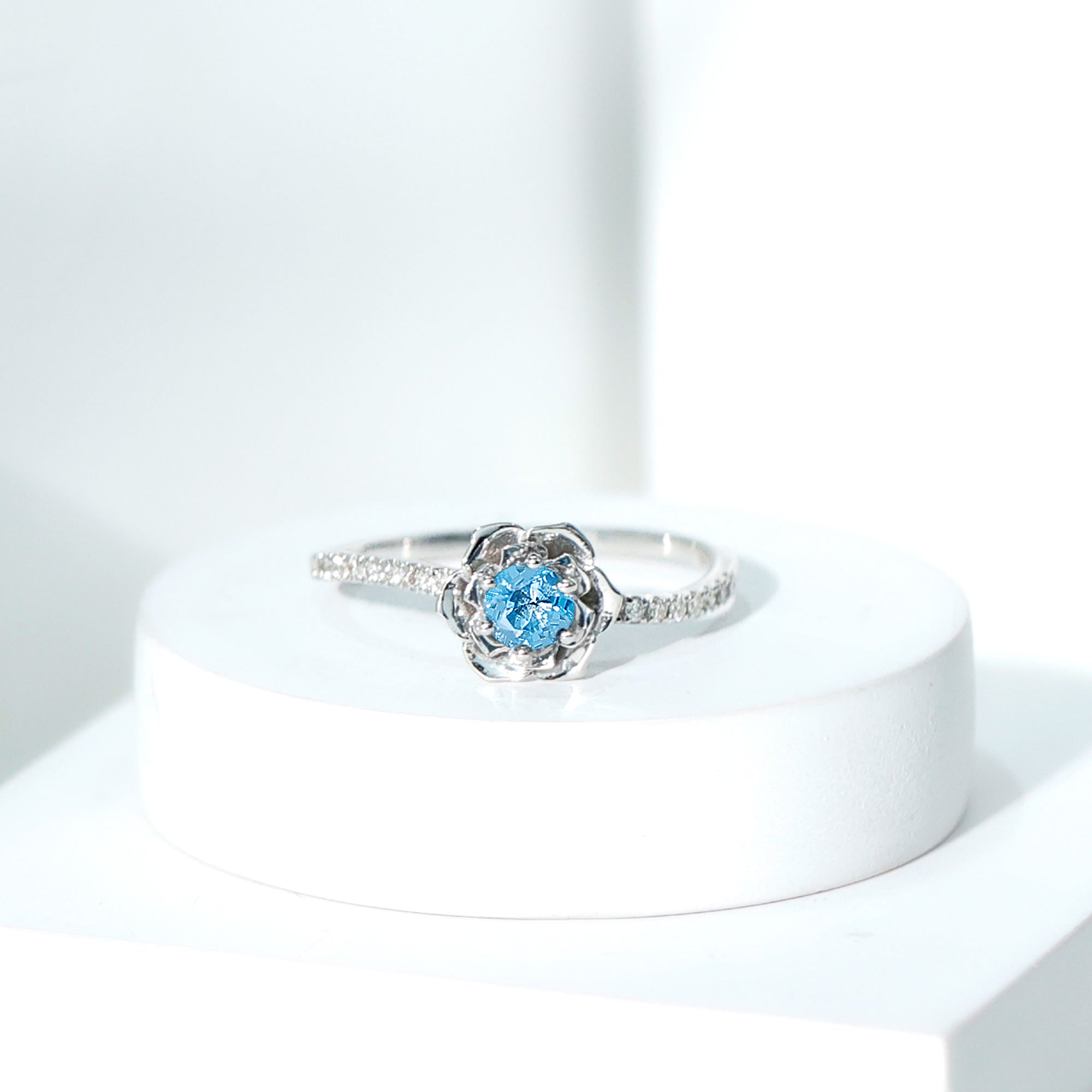 0.6 Carat Round London Blue Topaz Floral Engagement Ring with Diamond AAA - Rosec Jewels