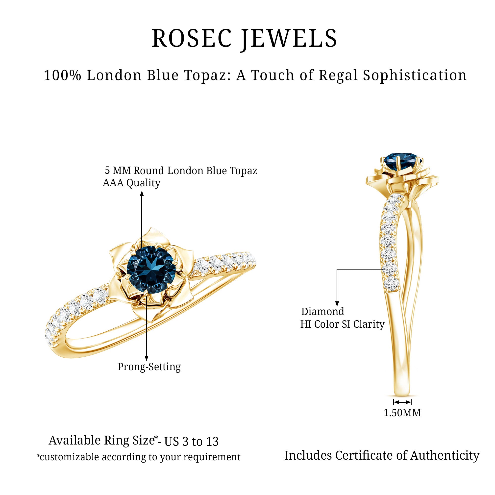 0.6 Carat Round London Blue Topaz Floral Engagement Ring with Diamond AAA - Rosec Jewels