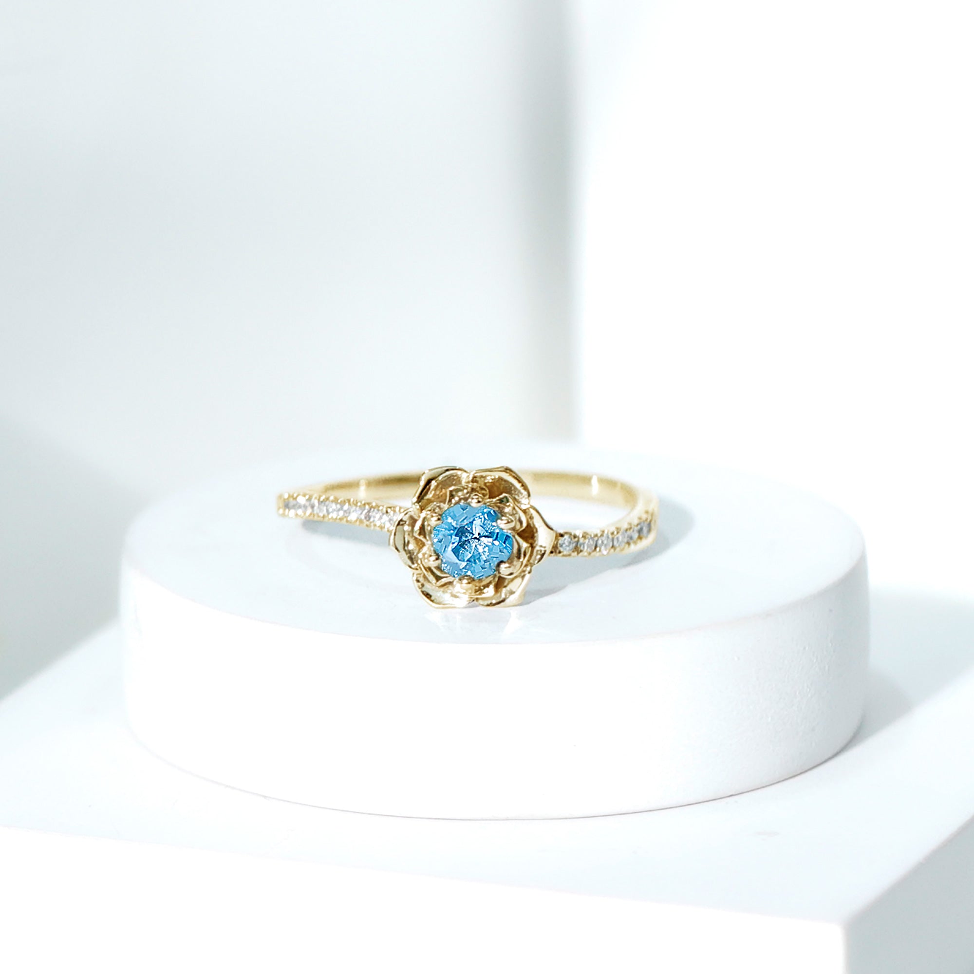0.6 Carat Round London Blue Topaz Floral Engagement Ring with Diamond AAA - Rosec Jewels