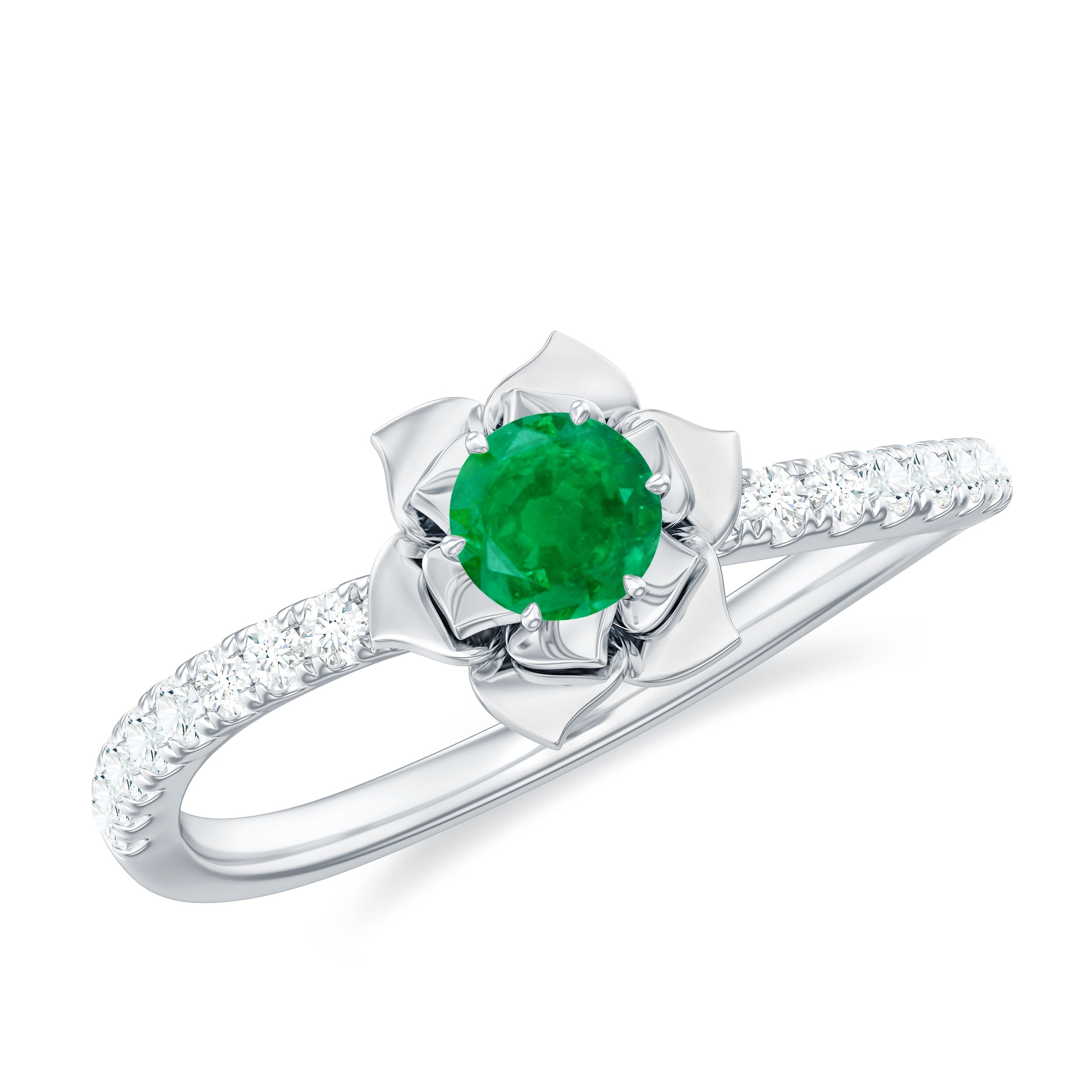 Genuine Emerald Flower Engagement Ring with Diamond AAA - Rosec Jewels
