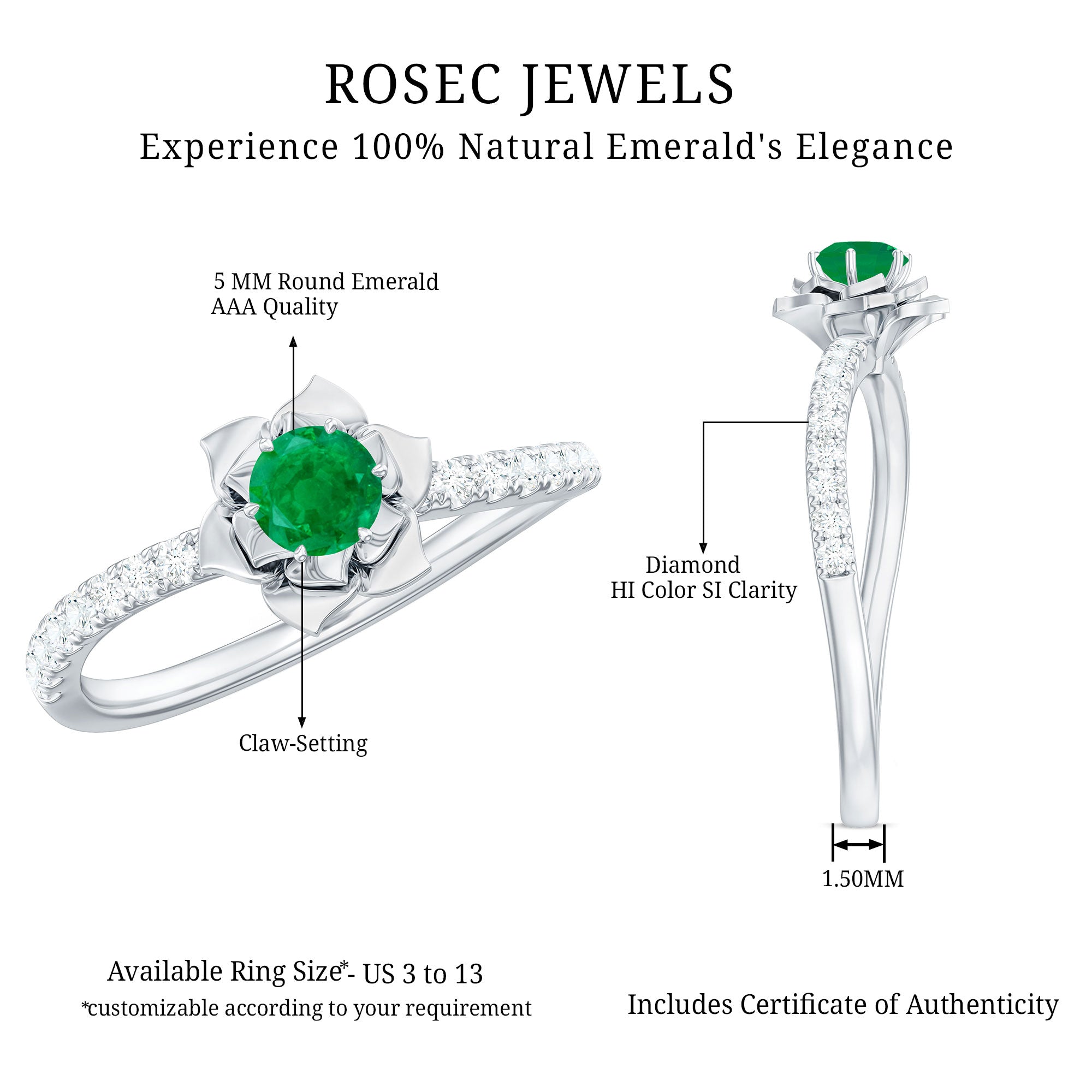 Genuine Emerald Flower Engagement Ring with Diamond AAA - Rosec Jewels