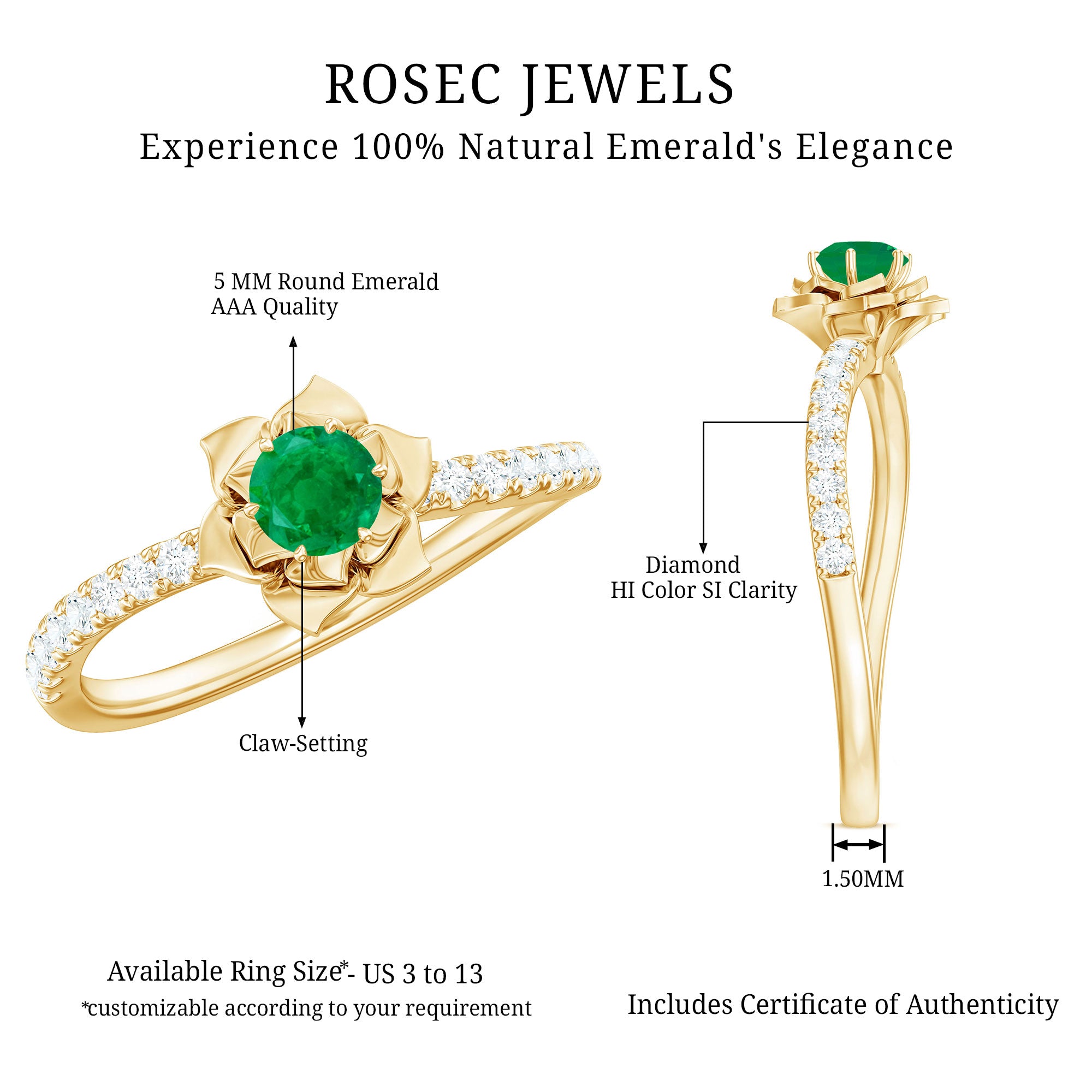 Genuine Emerald Flower Engagement Ring with Diamond AAA - Rosec Jewels