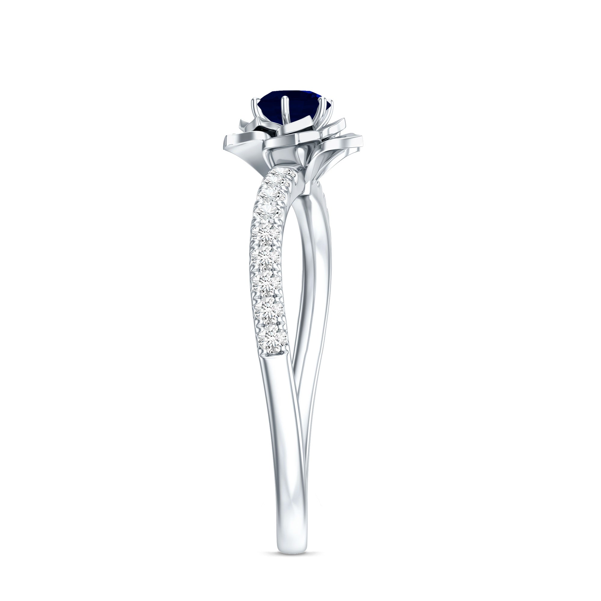 Real 0.9 Carat Blue Sapphire Rose Flower Engagement Ring with Diamond AAA - Rosec Jewels