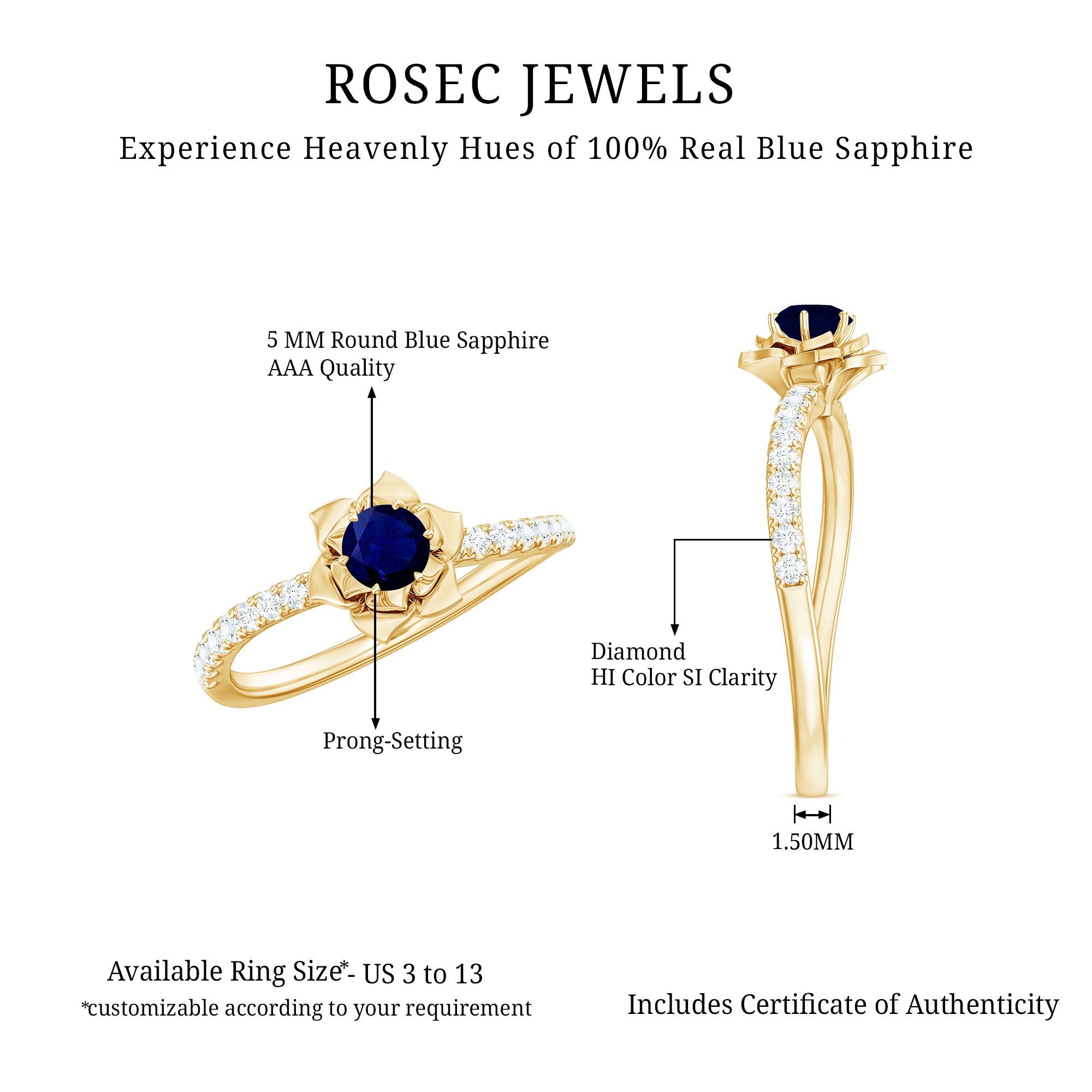 Rosec Jewels-Real 0.9 Carat Blue Sapphire Rose Flower Engagement Ring with Diamond