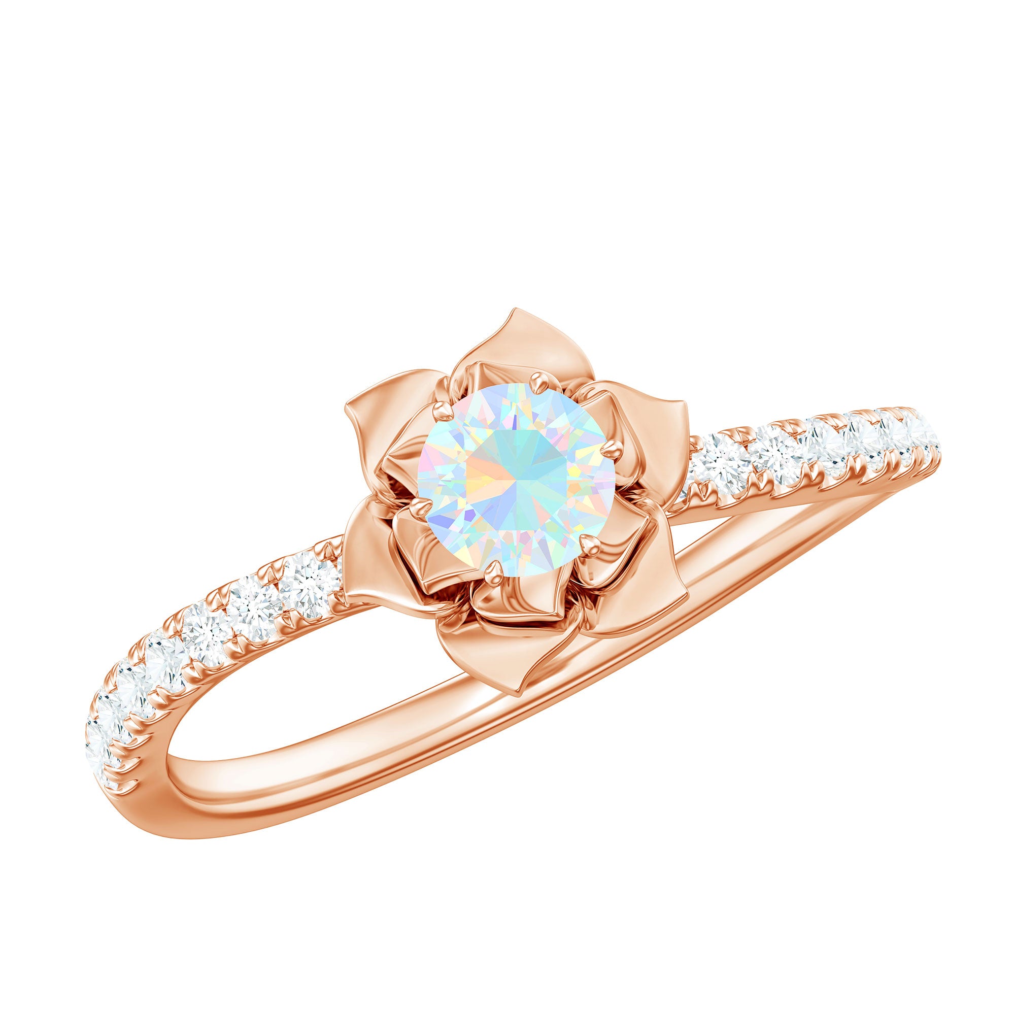 Natural Ethiopian Opal Floral Engagement Ring with Diamond Side Stones AAA - Rosec Jewels