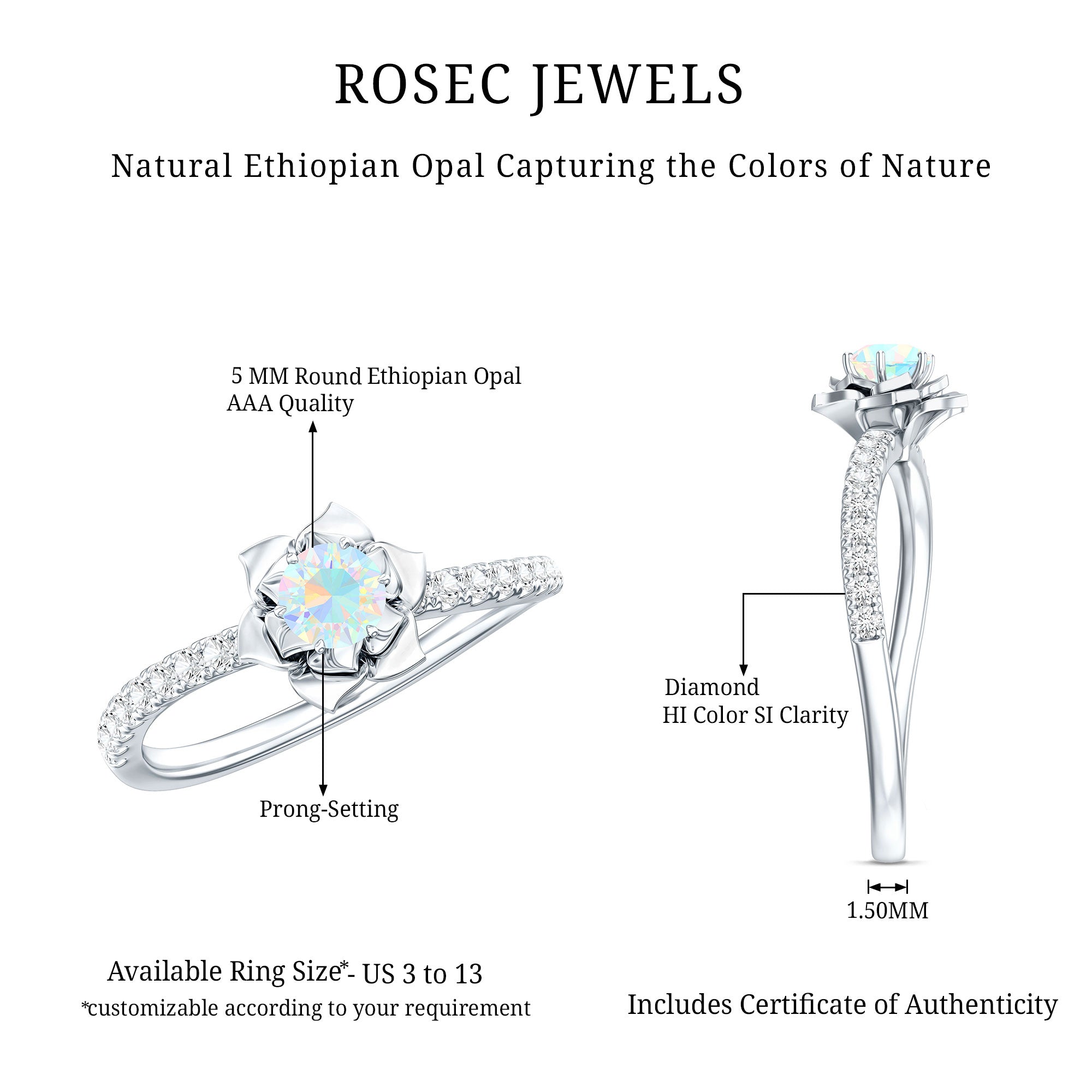 Natural Ethiopian Opal Floral Engagement Ring with Diamond Side Stones AAA - Rosec Jewels