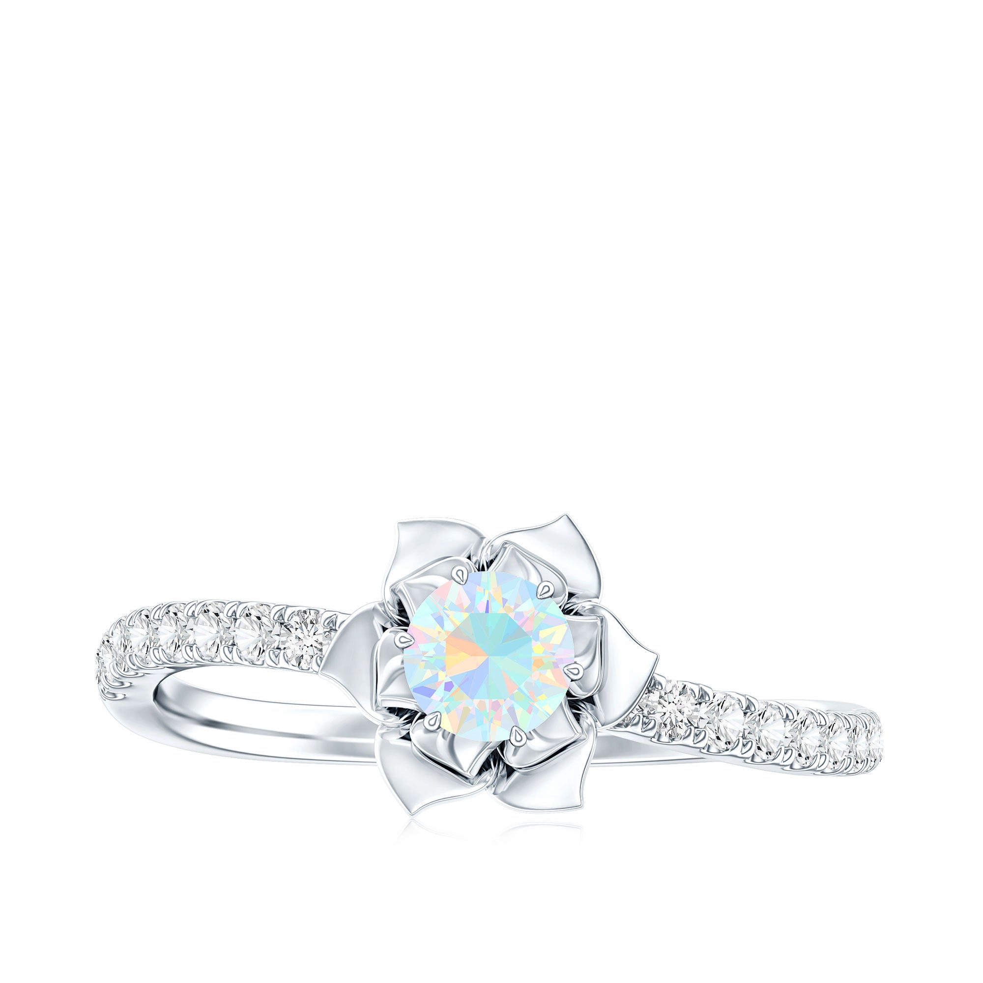 Natural Ethiopian Opal Floral Engagement Ring with Diamond Side Stones AAA - Rosec Jewels