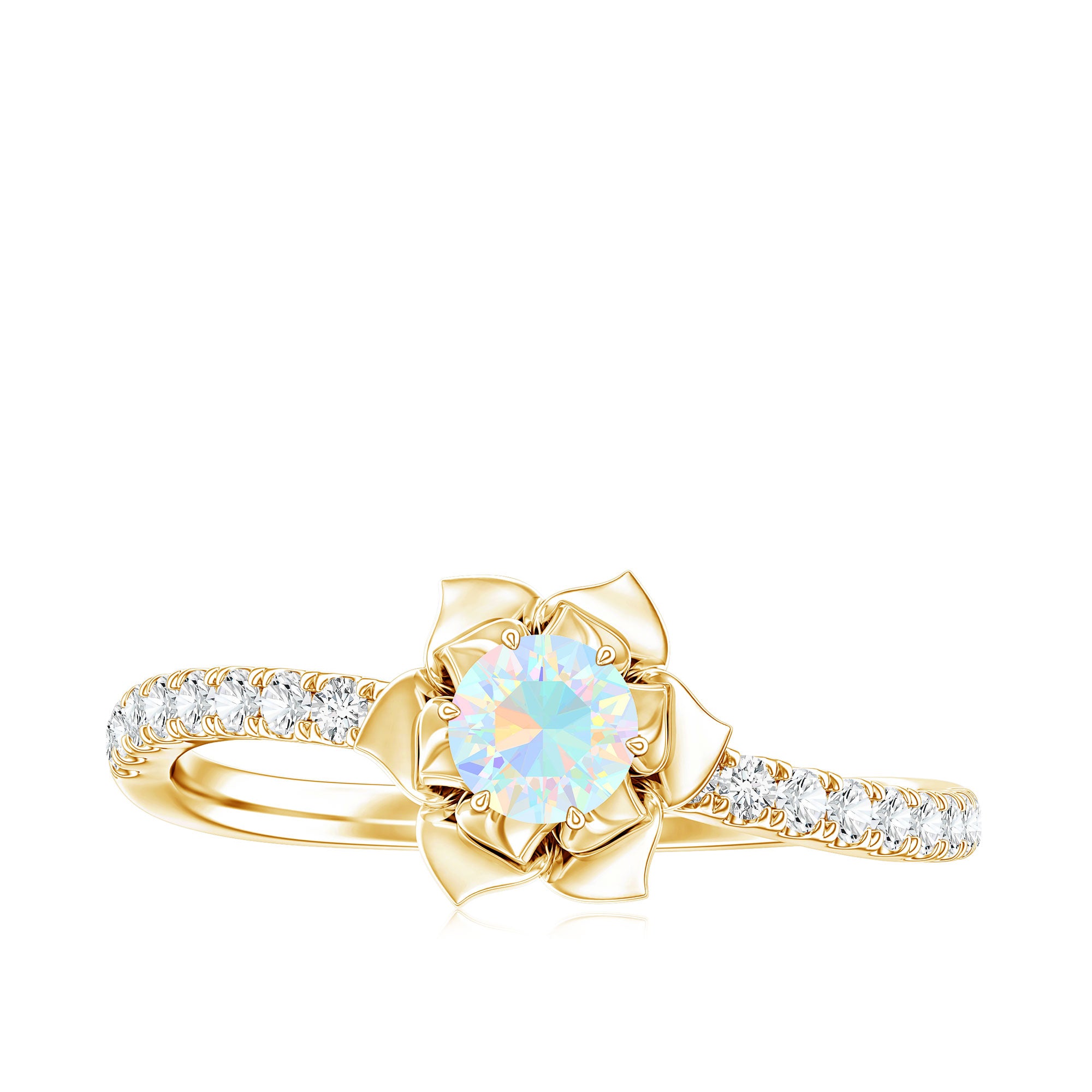 Natural Ethiopian Opal Floral Engagement Ring with Diamond Side Stones AAA - Rosec Jewels