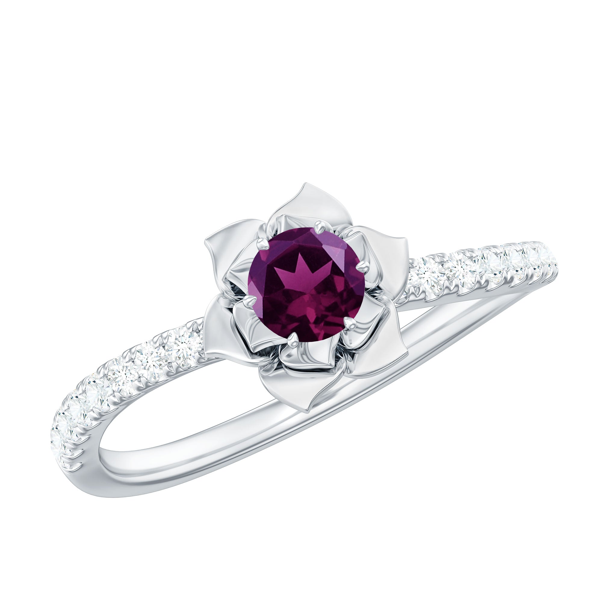 0.50 CT Real Rhodolite Floral Engagement Ring with Diamond Side Stones