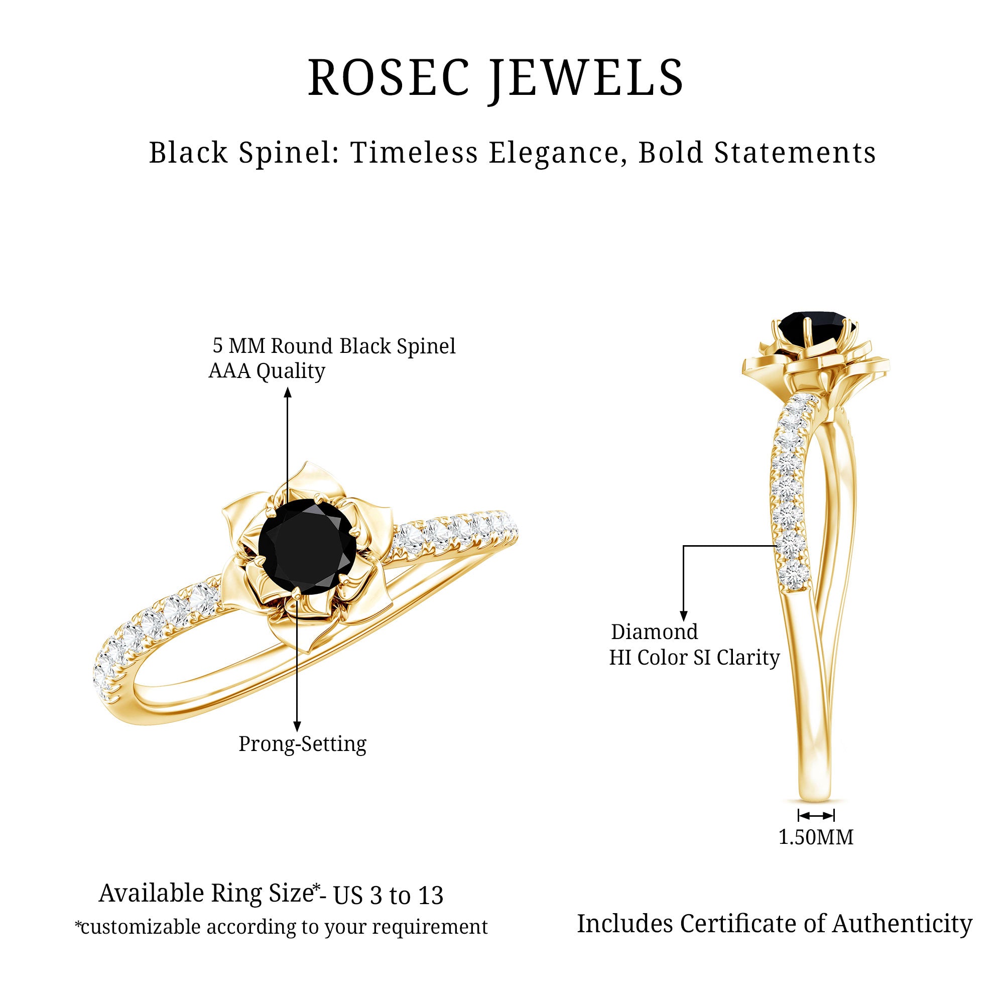 Certified Real Black Spinel Flower Engagement Ring with Diamond AAA - Rosec Jewels