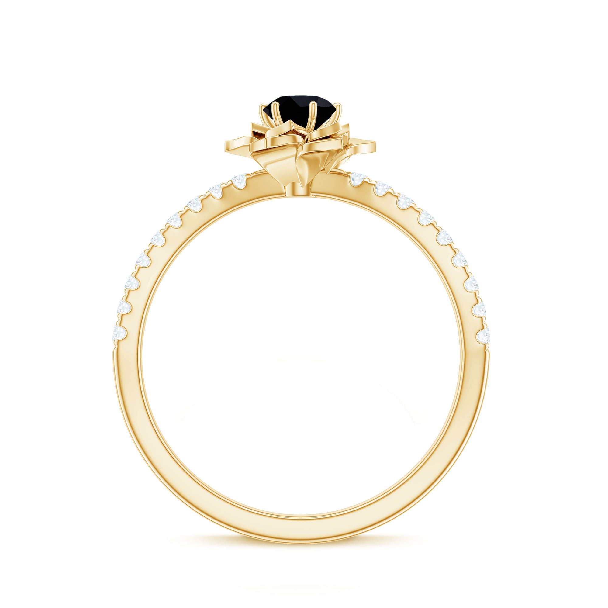 Certified Real Black Spinel Flower Engagement Ring with Diamond AAA - Rosec Jewels