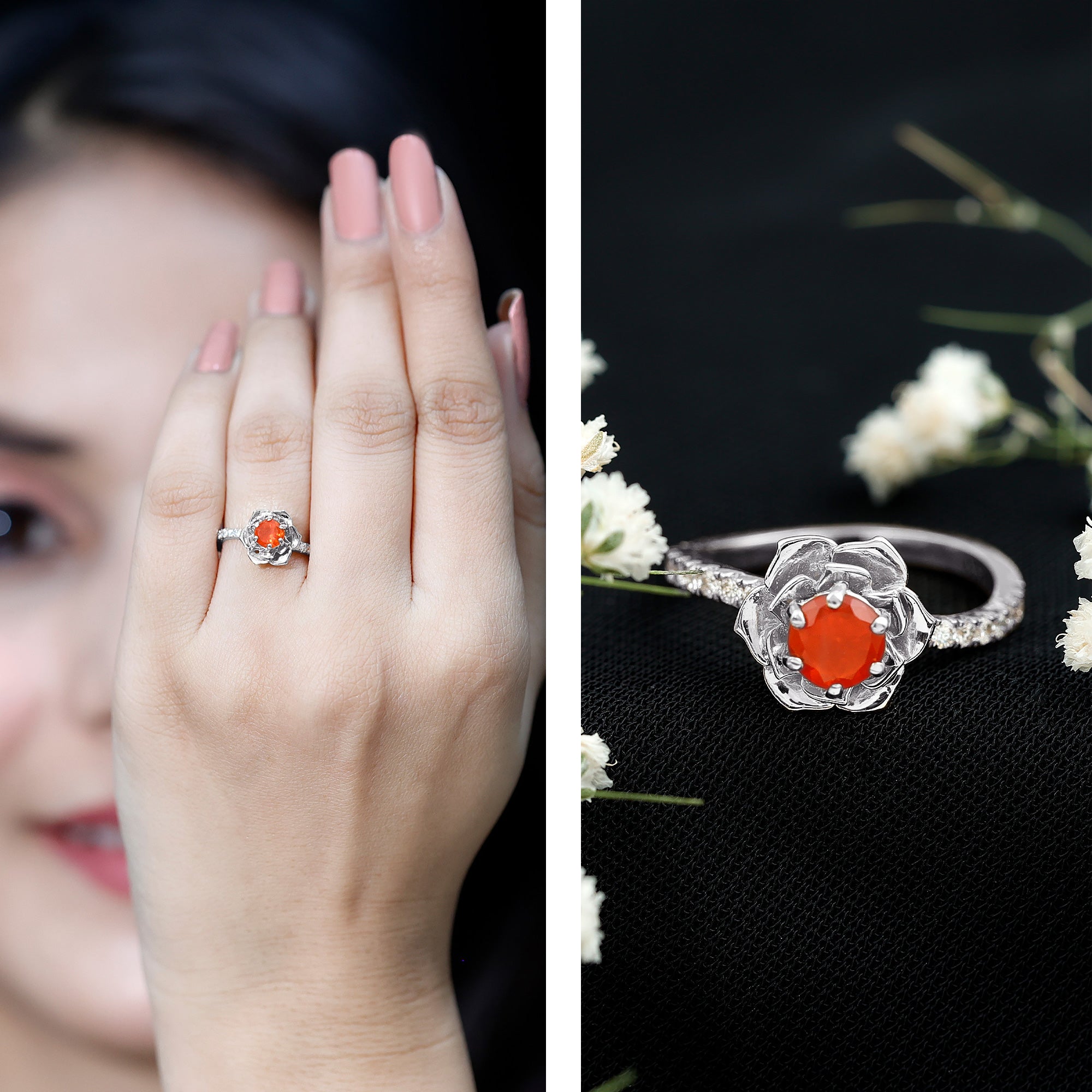 1/2 Ct Fire Opal Flower Engagement Ring with Diamond AAA - Rosec Jewels
