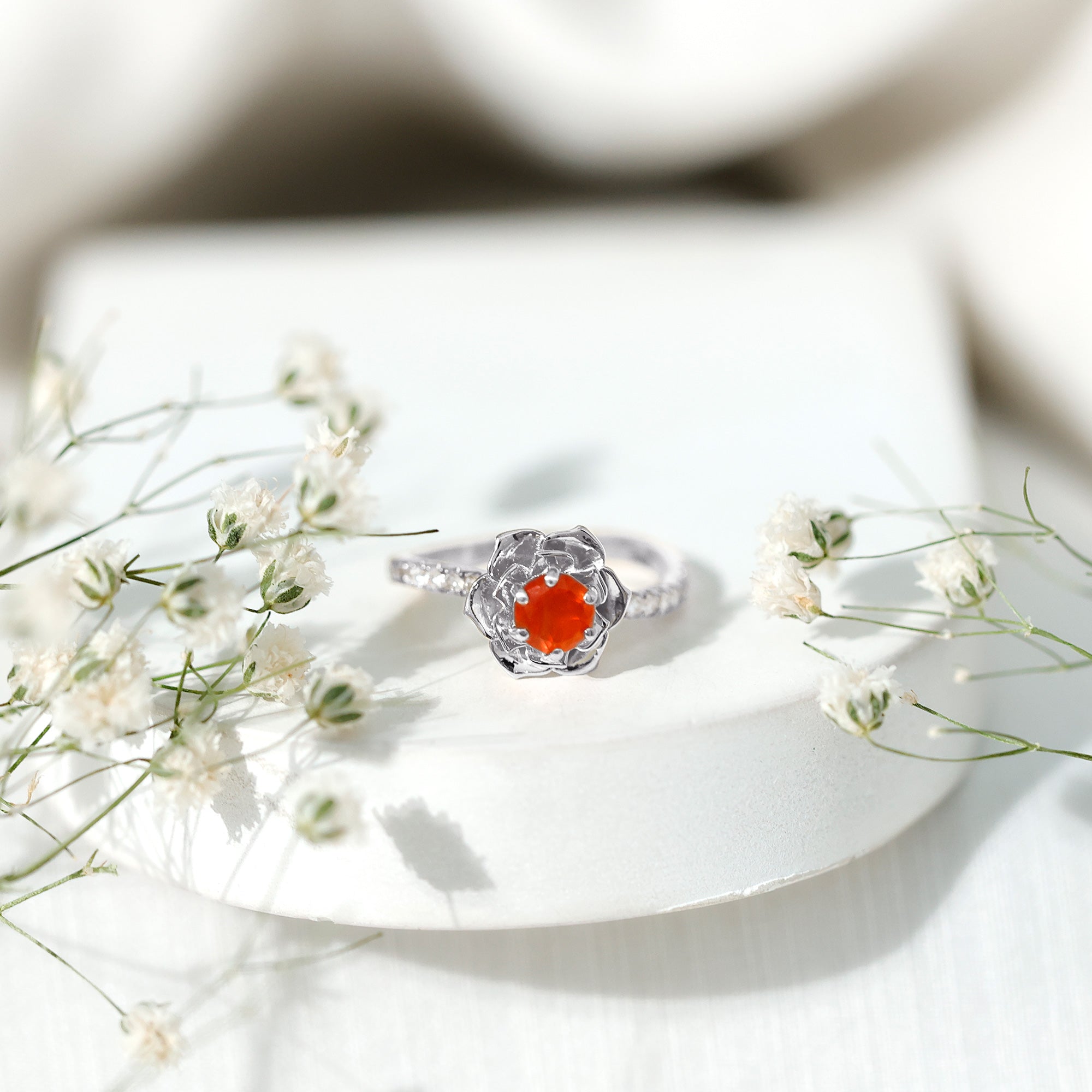 1/2 Ct Fire Opal Flower Engagement Ring with Diamond AAA - Rosec Jewels