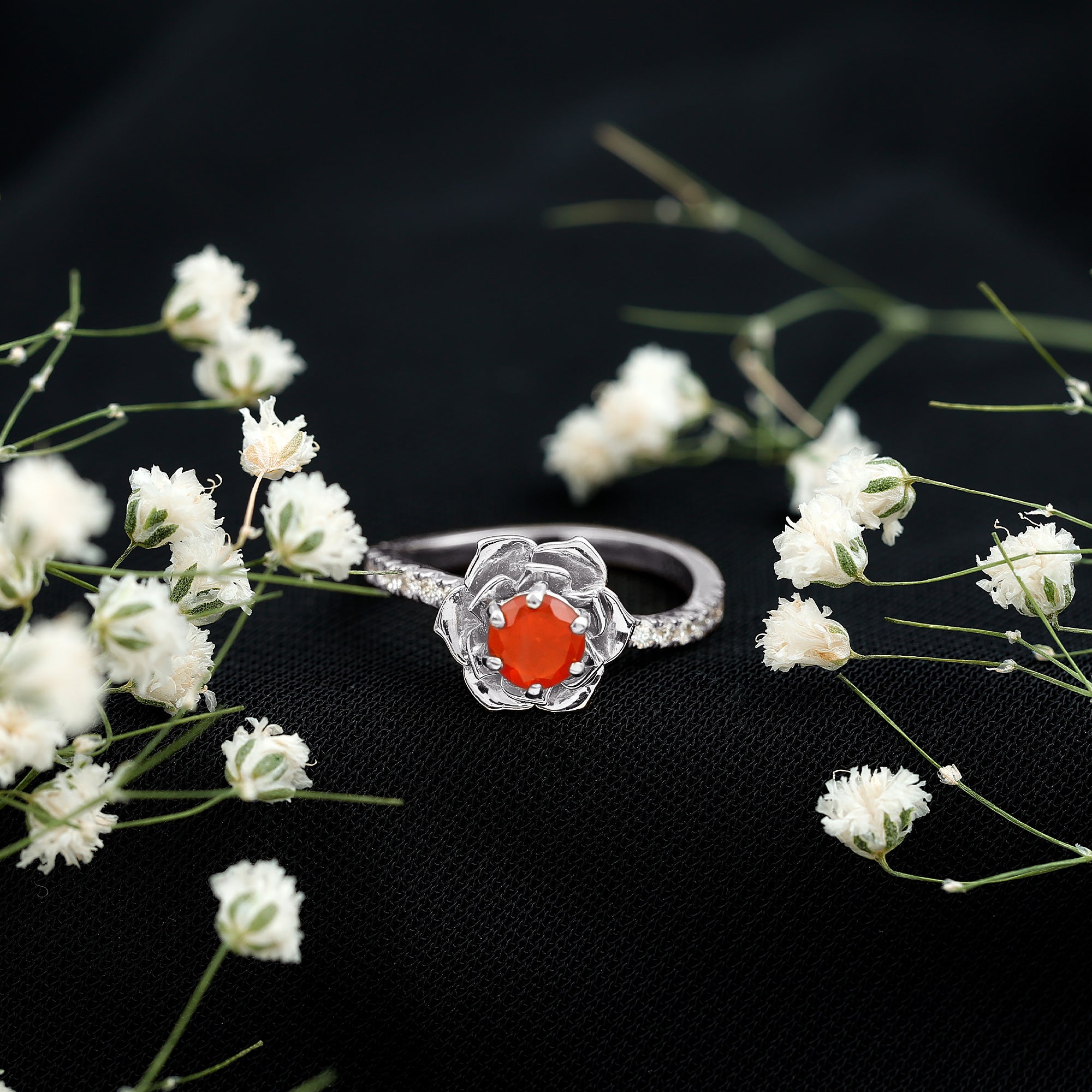 1/2 Ct Fire Opal Flower Engagement Ring with Diamond AAA - Rosec Jewels