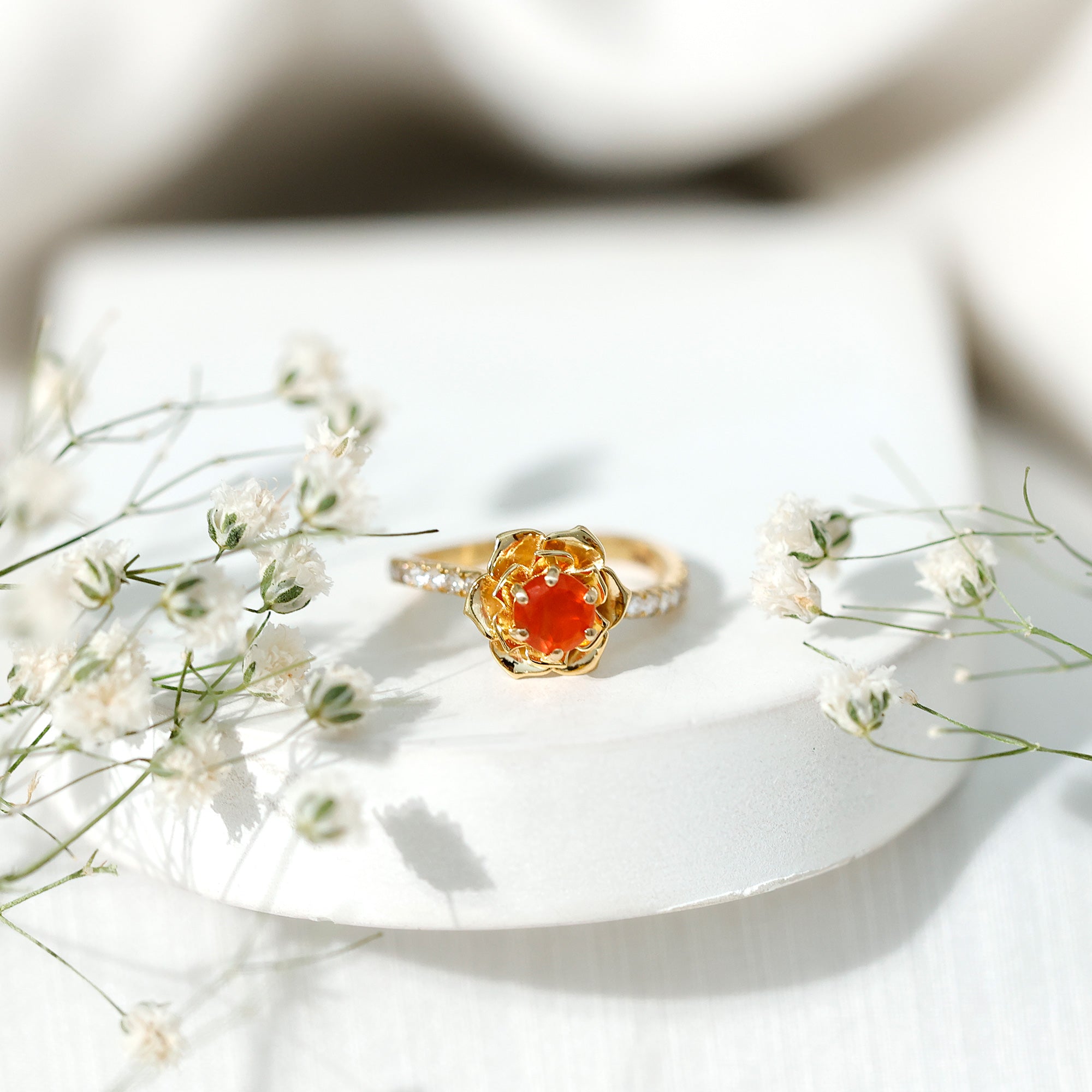 Rosec Jewels-1/2 Ct Fire Opal Flower Engagement Ring with Diamond