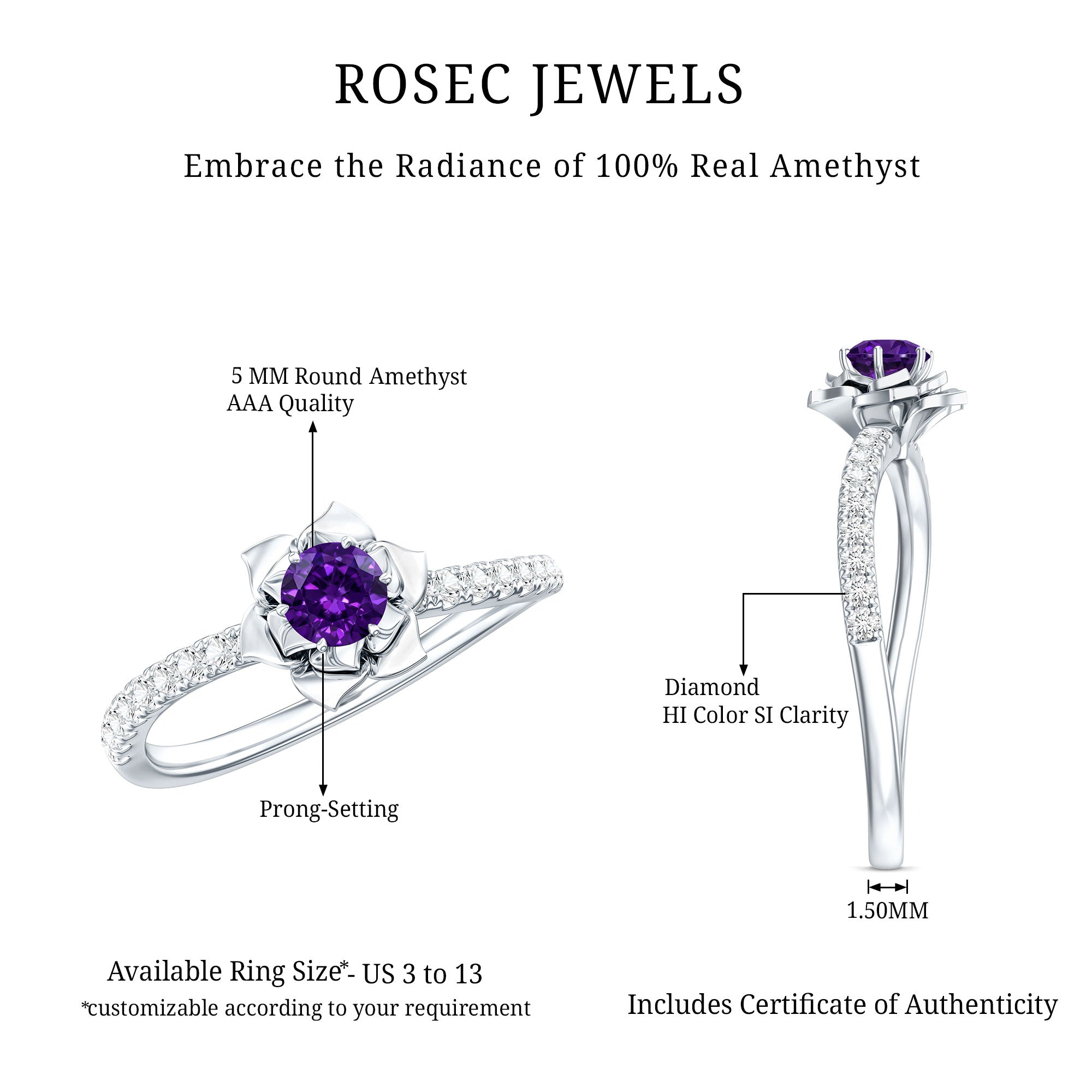 Natural Amethyst Rose Engagement Ring with Diamond AAA - Rosec Jewels