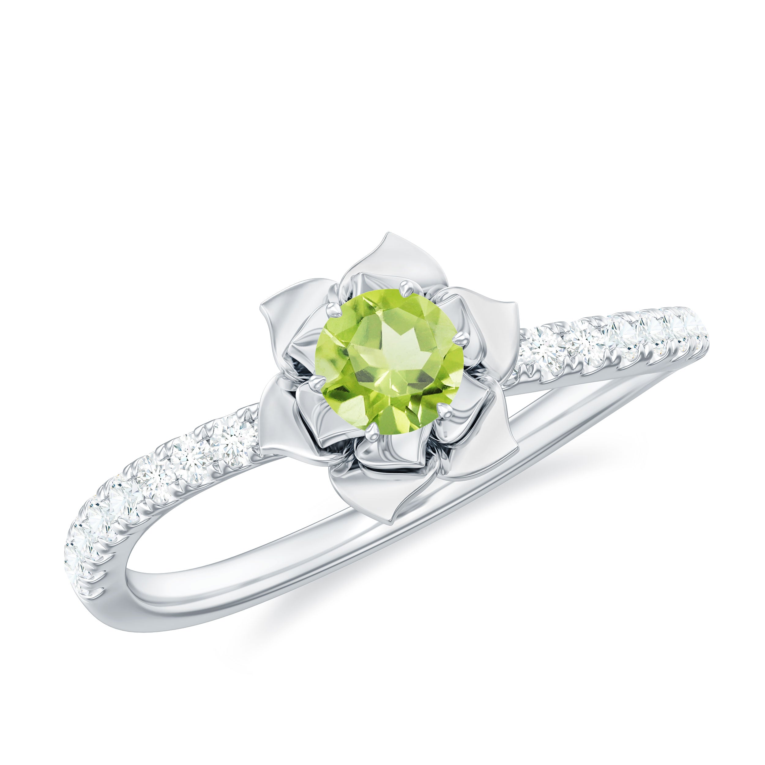 Nature Inspired Half Carat Peridot Flower Engagement Ring with Diamond