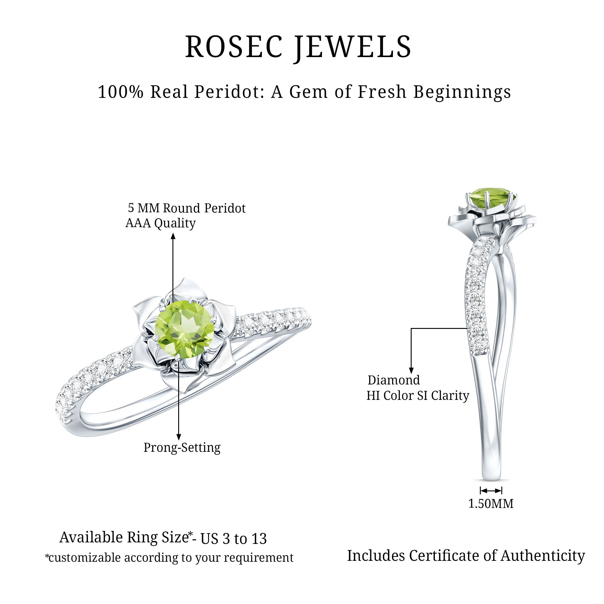 Nature Inspired Half Carat Peridot Flower Engagement Ring with Diamond AAA - Rosec Jewels
