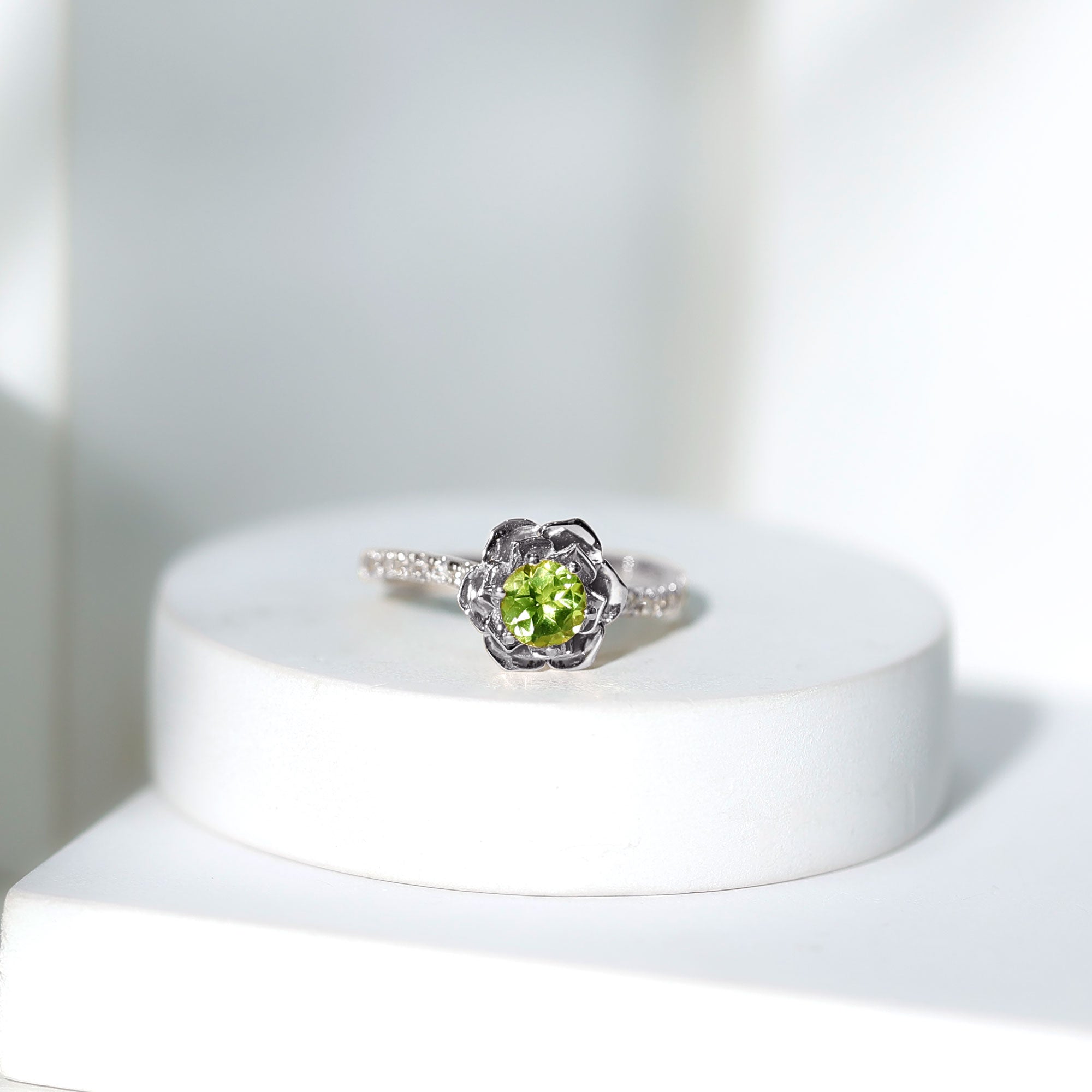Nature Inspired Half Carat Peridot Flower Engagement Ring with Diamond AAA - Rosec Jewels