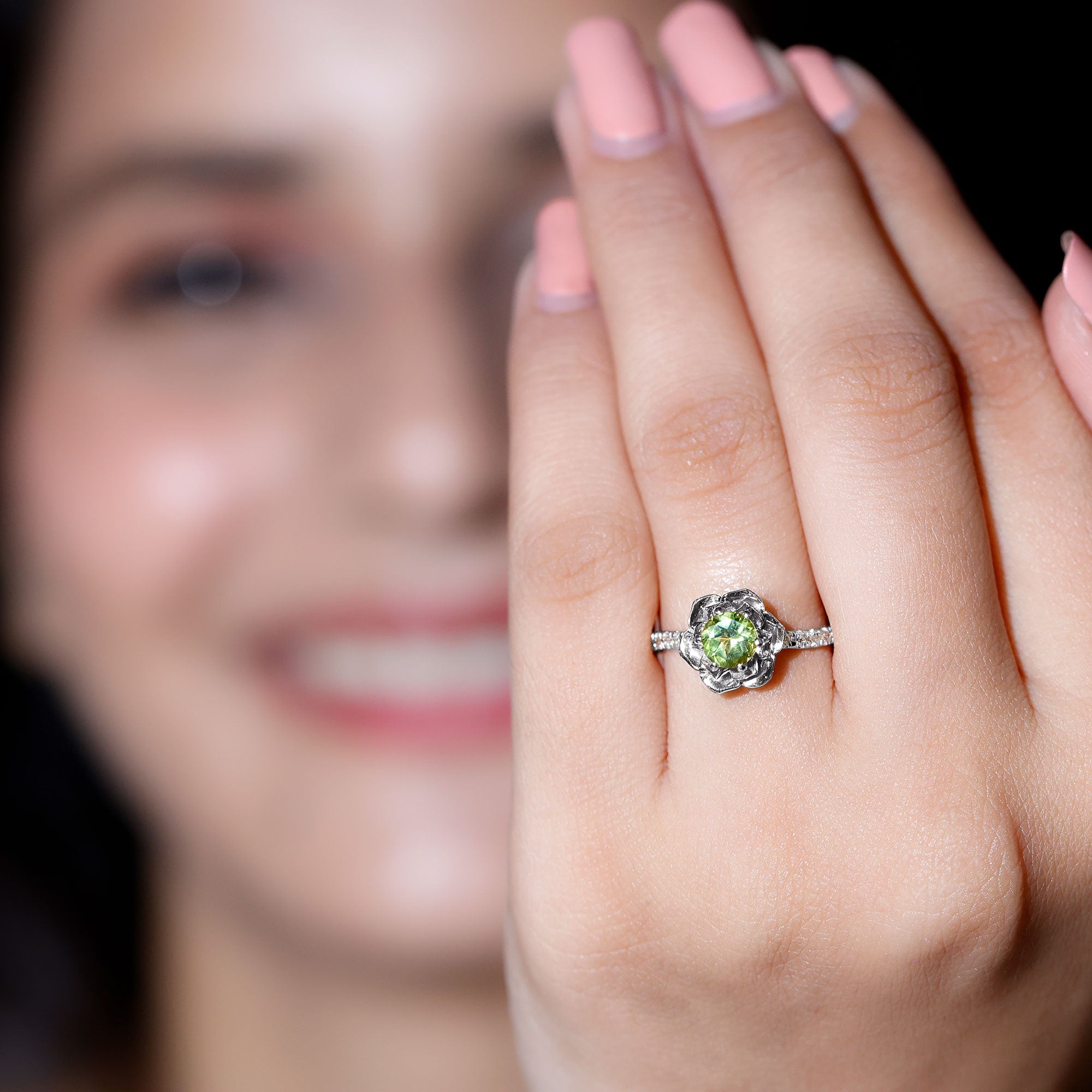 Nature Inspired Half Carat Peridot Flower Engagement Ring with Diamond AAA - Rosec Jewels