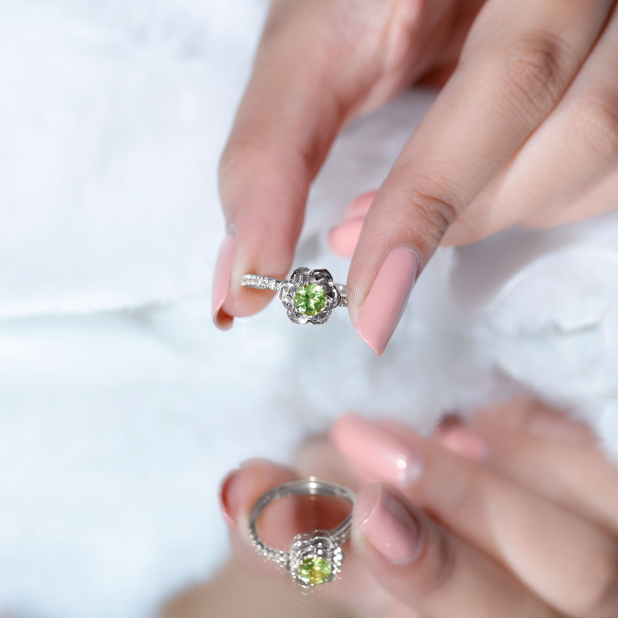 Nature Inspired Half Carat Peridot Flower Engagement Ring with Diamond AAA - Rosec Jewels