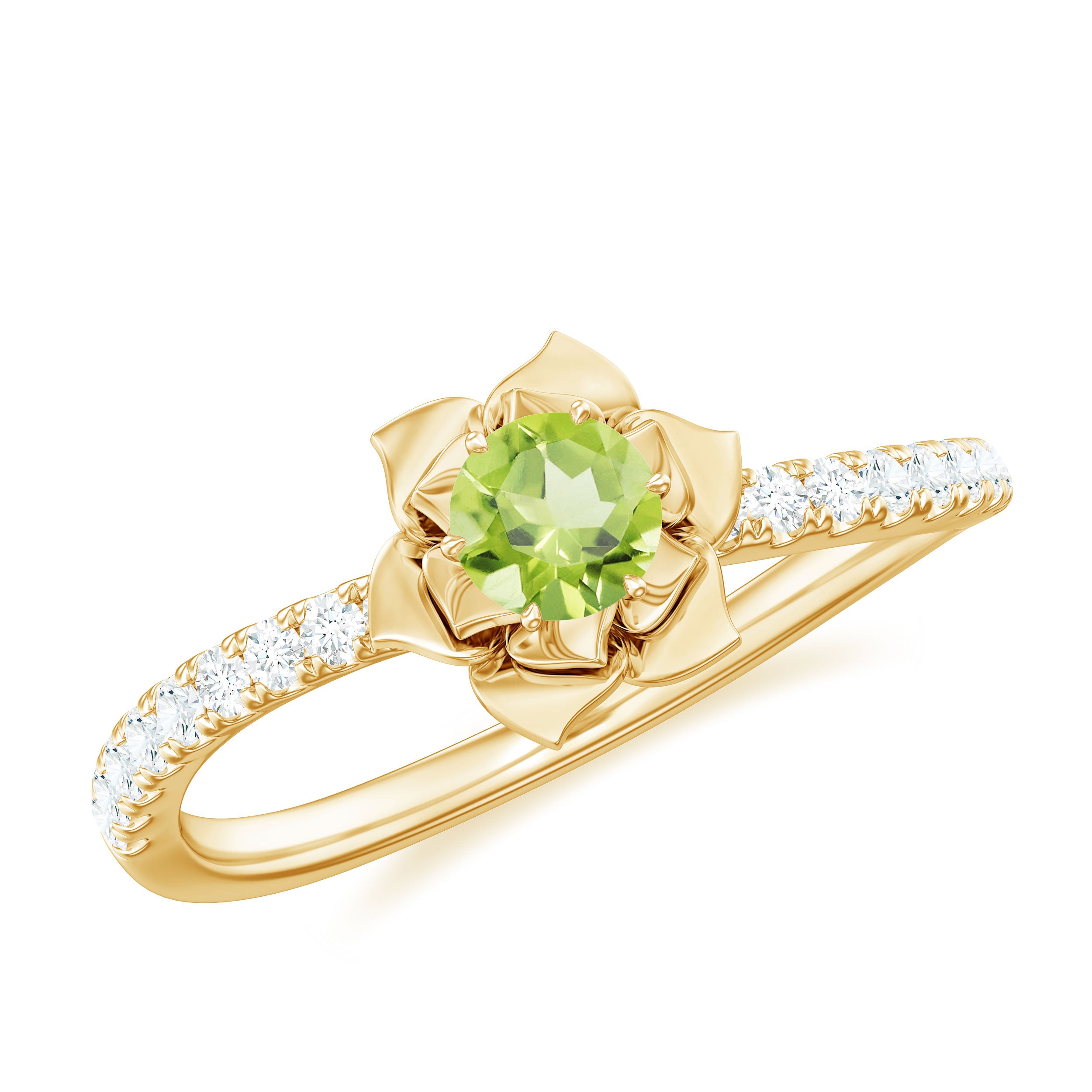 Nature Inspired Half Carat Peridot Flower Engagement Ring with Diamond AAA - Rosec Jewels