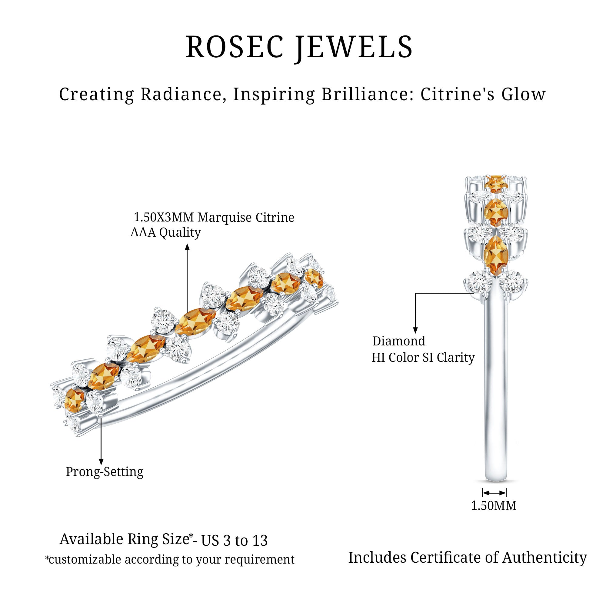 Natural Citrine Diamond Half Eternity Ring with Certificate AAA - Rosec Jewels