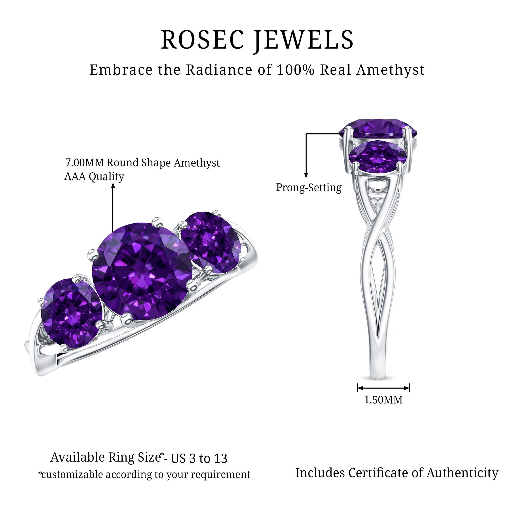 Natural Amethyst 3 Stone Engagement Ring for Women AAA - Rosec Jewels