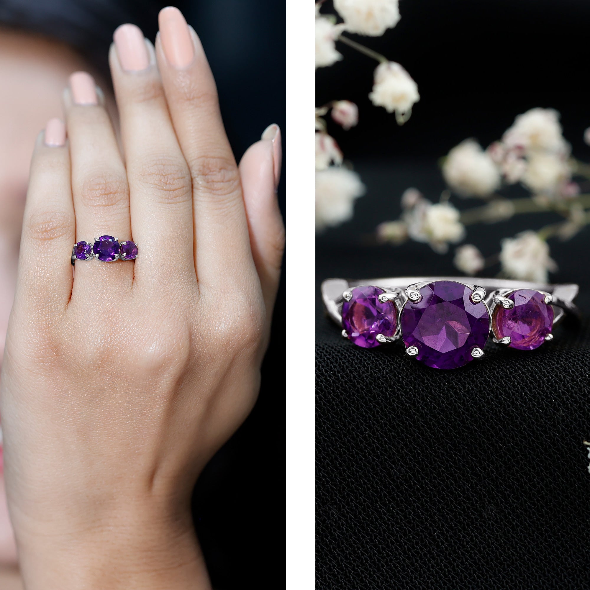 Natural Amethyst 3 Stone Engagement Ring for Women AAA - Rosec Jewels