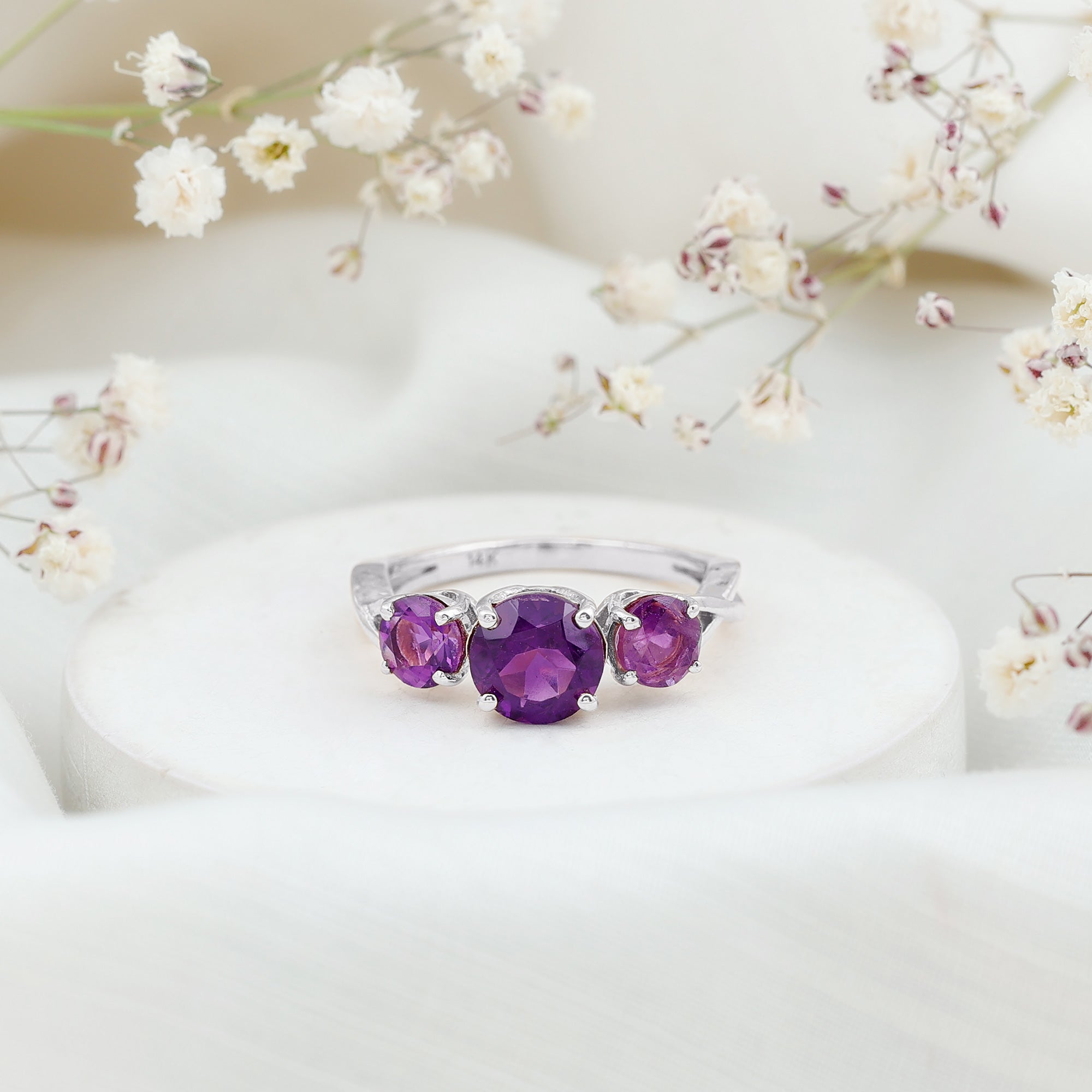 Natural Amethyst 3 Stone Engagement Ring for Women AAA - Rosec Jewels