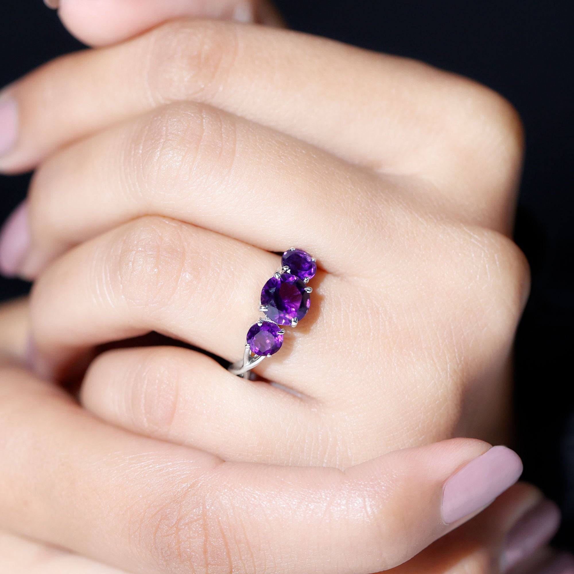 Natural Amethyst 3 Stone Engagement Ring for Women AAA - Rosec Jewels