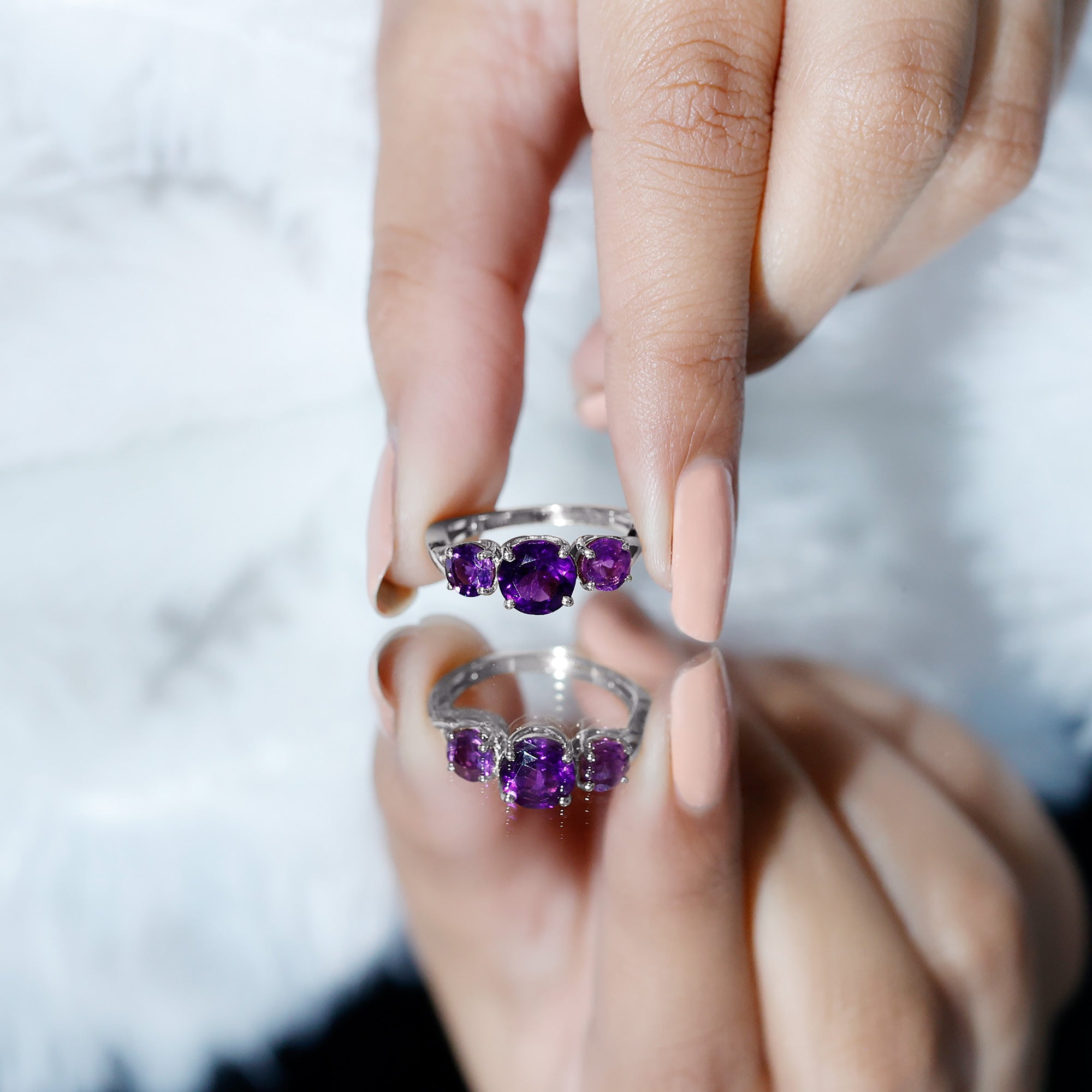 Natural Amethyst 3 Stone Engagement Ring for Women AAA - Rosec Jewels