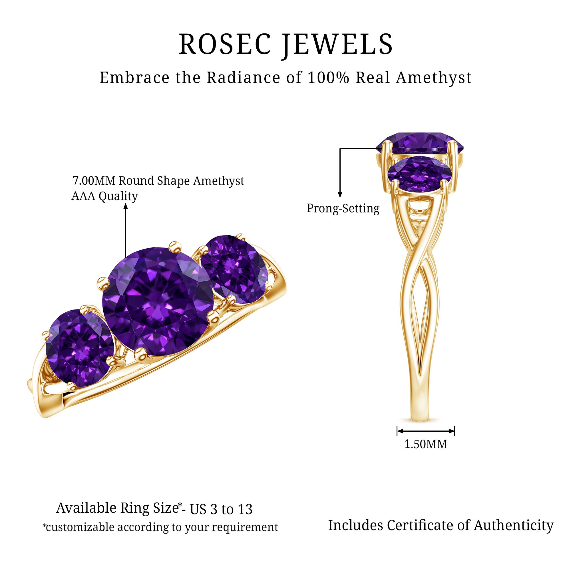 Natural Amethyst 3 Stone Engagement Ring for Women AAA - Rosec Jewels