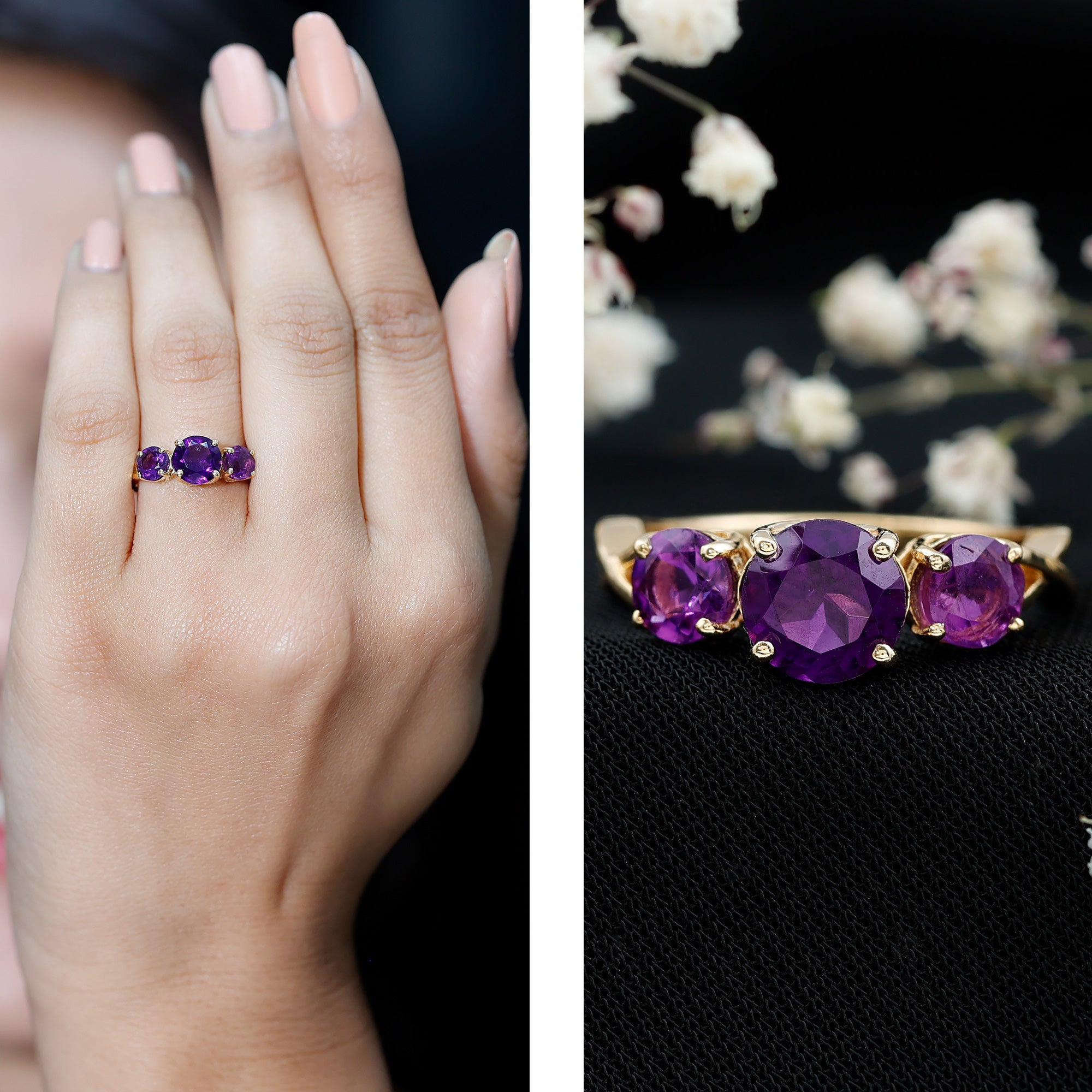 Natural Amethyst 3 Stone Engagement Ring for Women AAA - Rosec Jewels