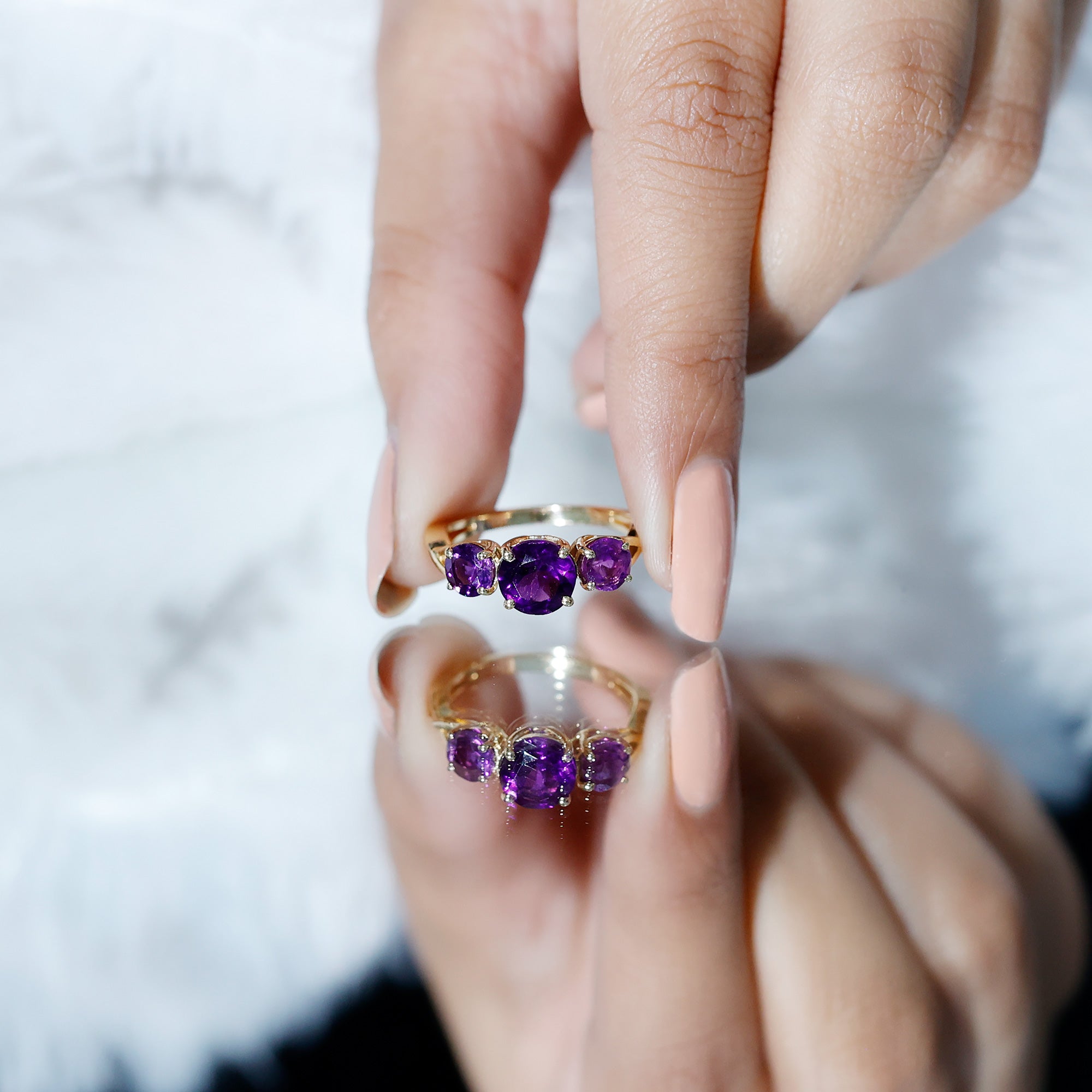 Natural Amethyst 3 Stone Engagement Ring for Women AAA - Rosec Jewels