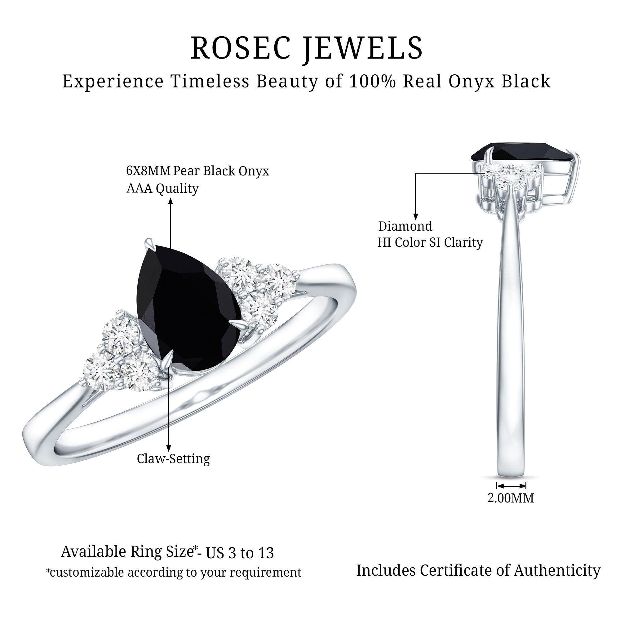 Pear Shaped Black Onyx Engagement Ring with Real Diamond Trio AAA - Rosec Jewels