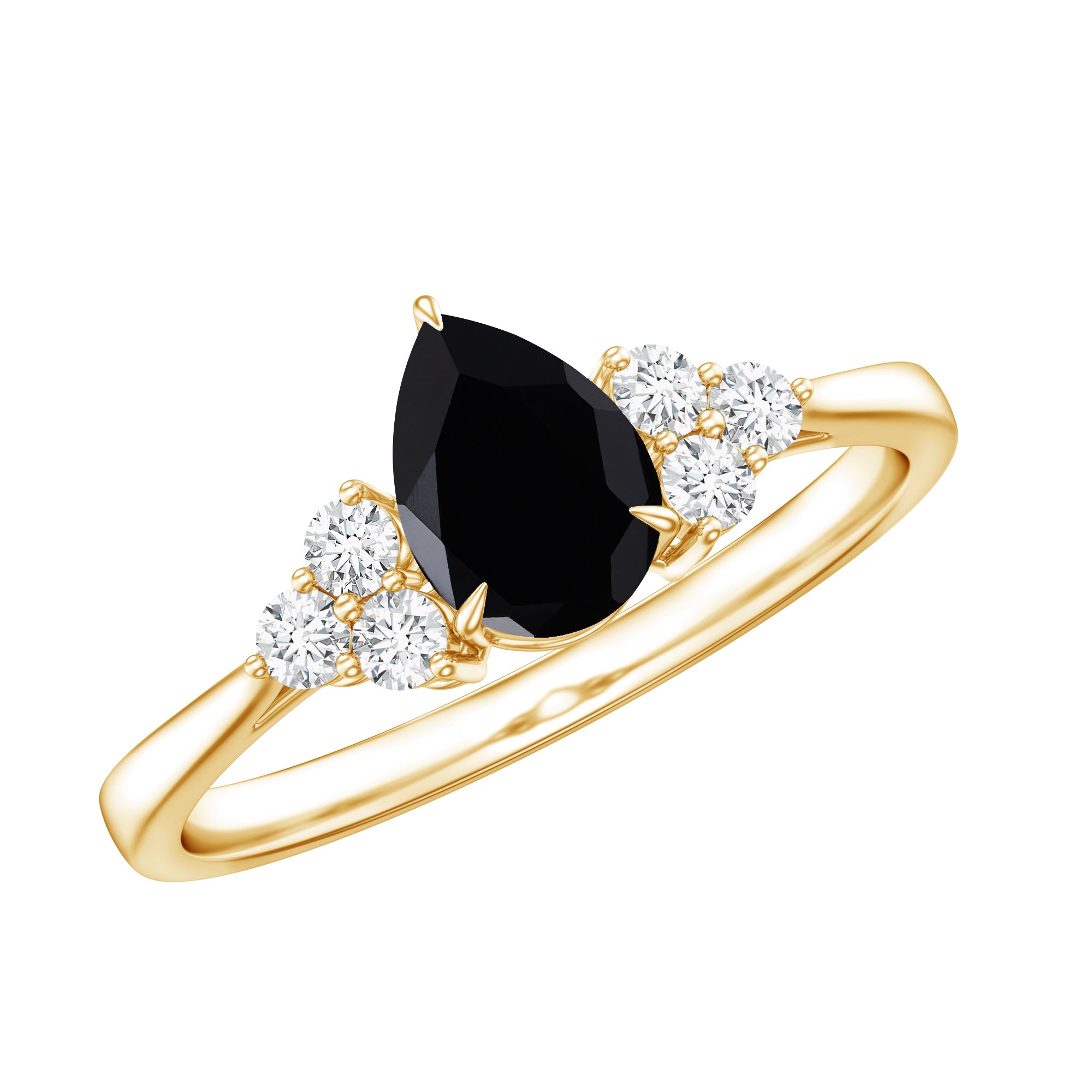 Pear Shaped Black Onyx Engagement Ring with Real Diamond Trio AAA - Rosec Jewels