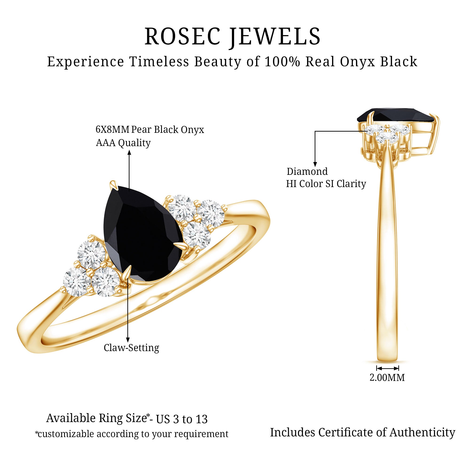 Pear Shaped Black Onyx Engagement Ring with Real Diamond Trio AAA - Rosec Jewels