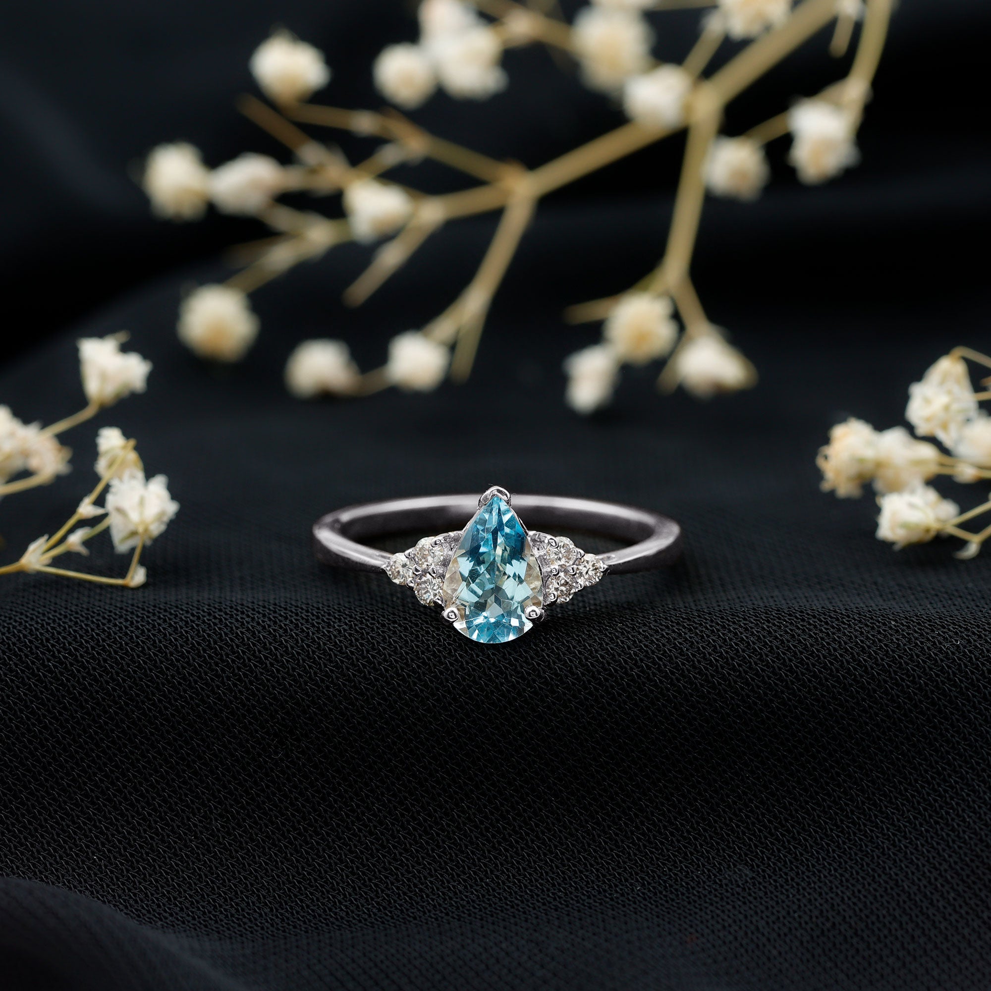 1 Carat Aquamarine Pear Engagement Ring with Diamond Trio AAA - Rosec Jewels