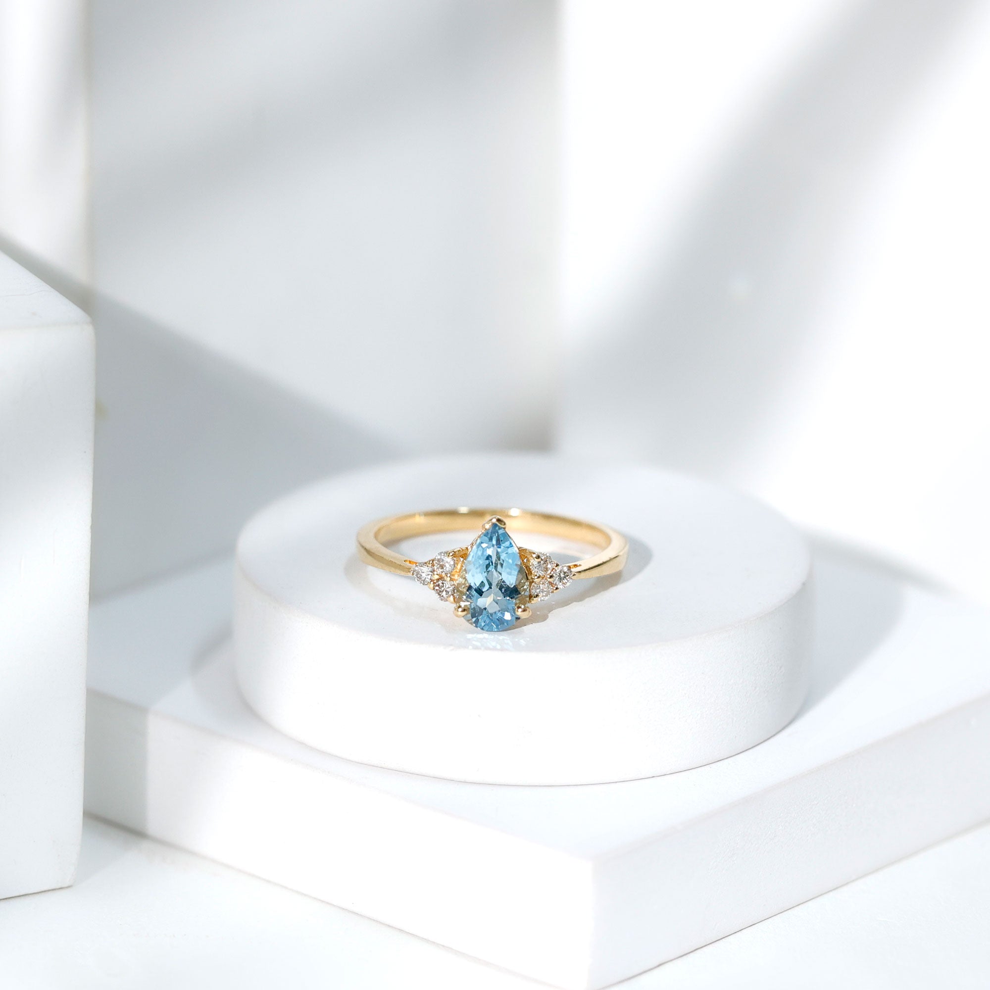1 Carat Aquamarine Pear Engagement Ring with Diamond Trio AAA - Rosec Jewels