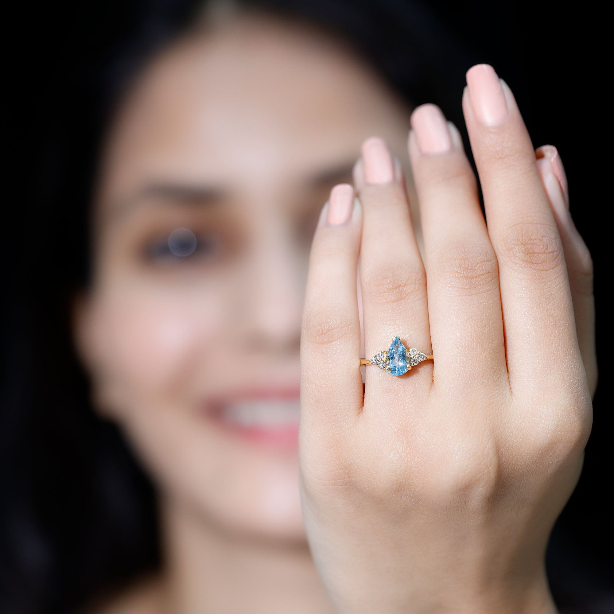 1 Carat Aquamarine Pear Engagement Ring with Diamond Trio AAA - Rosec Jewels