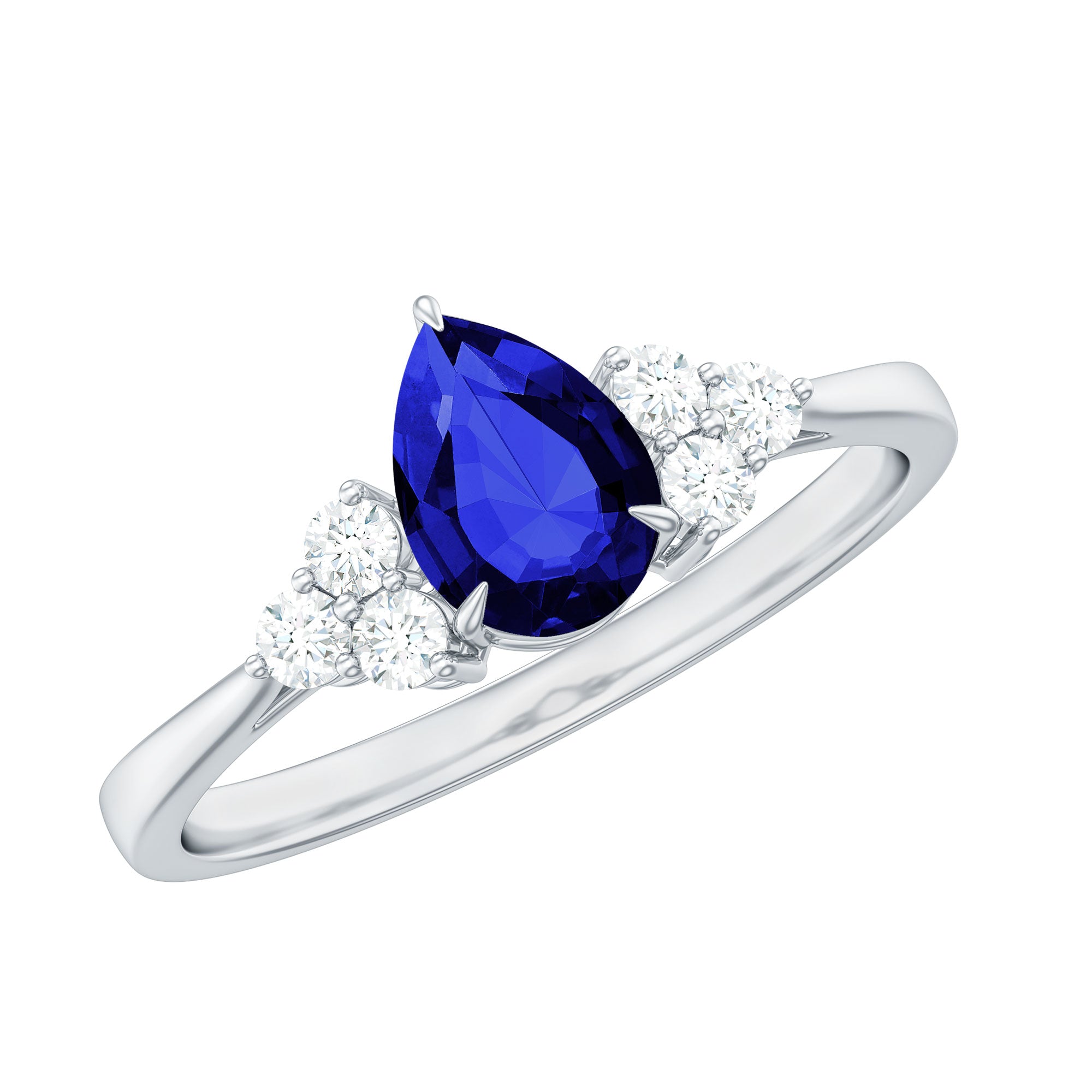 6X8 MM lab Blue Sapphire Teardrop Engagement Ring with Diamond Trio